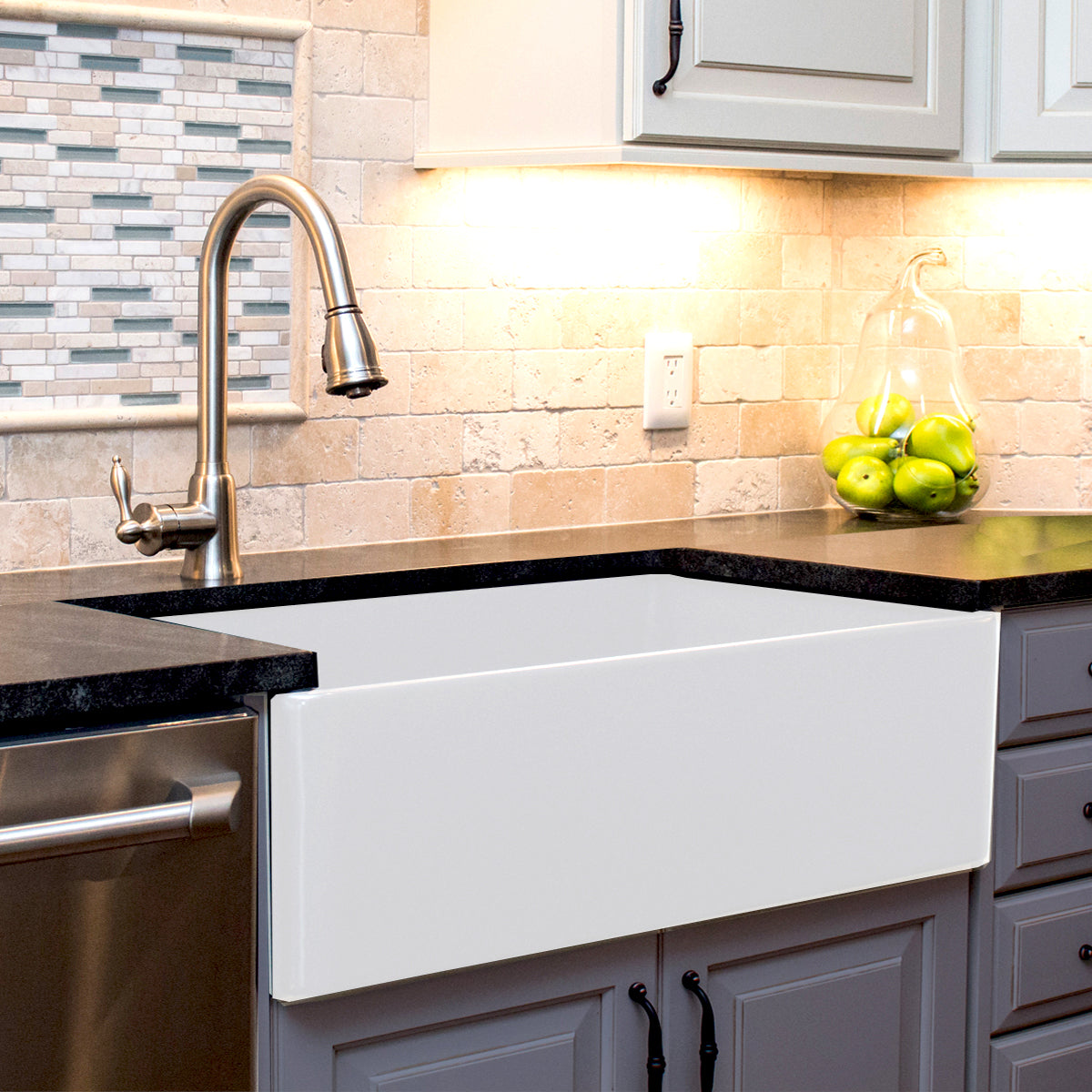 Nantucket Sinks Cape Collection 36" Rectangle Undermount Porcelain Enamel Glaze White Fireclay Single Bowl Farmhouse Apron Kitchen Sink With Offset Drain and Grid