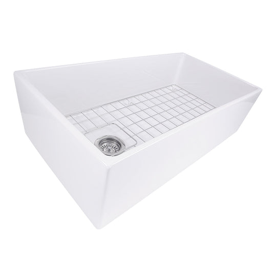 Nantucket Sinks Cape Collection 36" Rectangle Undermount Porcelain Enamel Glaze White Fireclay Single Bowl Farmhouse Apron Kitchen Sink With Offset Drain and Grid