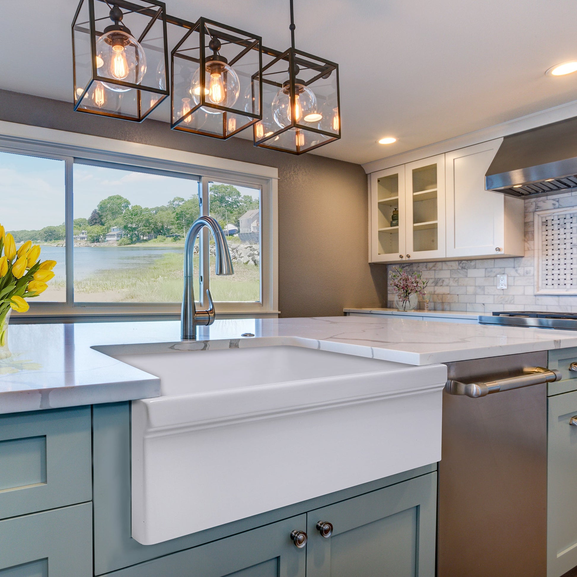 Nantucket Sinks Cape Collection 36" Rectangle Undermount Porcelain Enamel Glaze White Fireclay Single Bowl Farmhouse Kitchen Sink With Decorative Apron