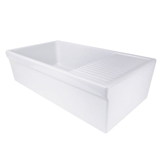 Nantucket Sinks Cape Collection 36" Rectangle Undermount Porcelain Enamel Glaze White Fireclay Single Bowl Italian Farmhouse Apron Kitchen Sink With Built-In Drainboard