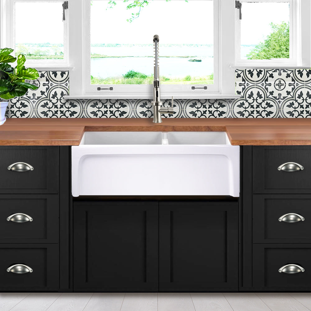 Nantucket Sinks Cape Collection 36" Rectangular Undermount Porcelain Enamel Glaze White Fireclay 60/40 Double Bowl Farmhouse Apron Kitchen Sink