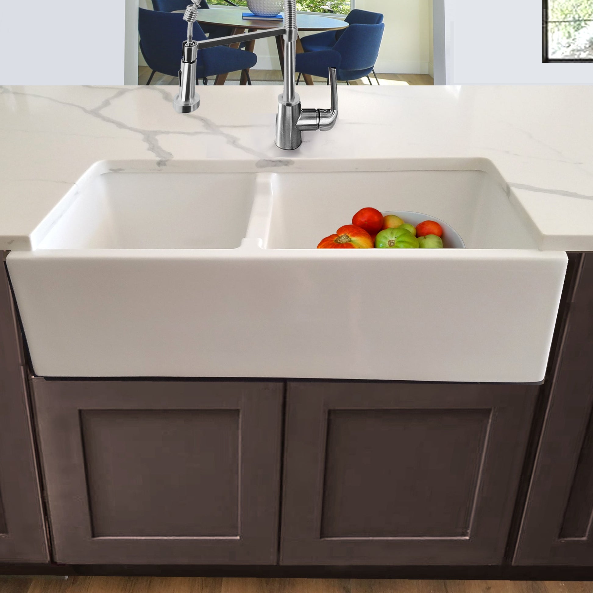 Nantucket Sinks Cape Collection 36" Rectangular Undermount Porcelain Enamel Glaze White Fireclay 60/40 Double Bowl Farmhouse Apron Kitchen Sink