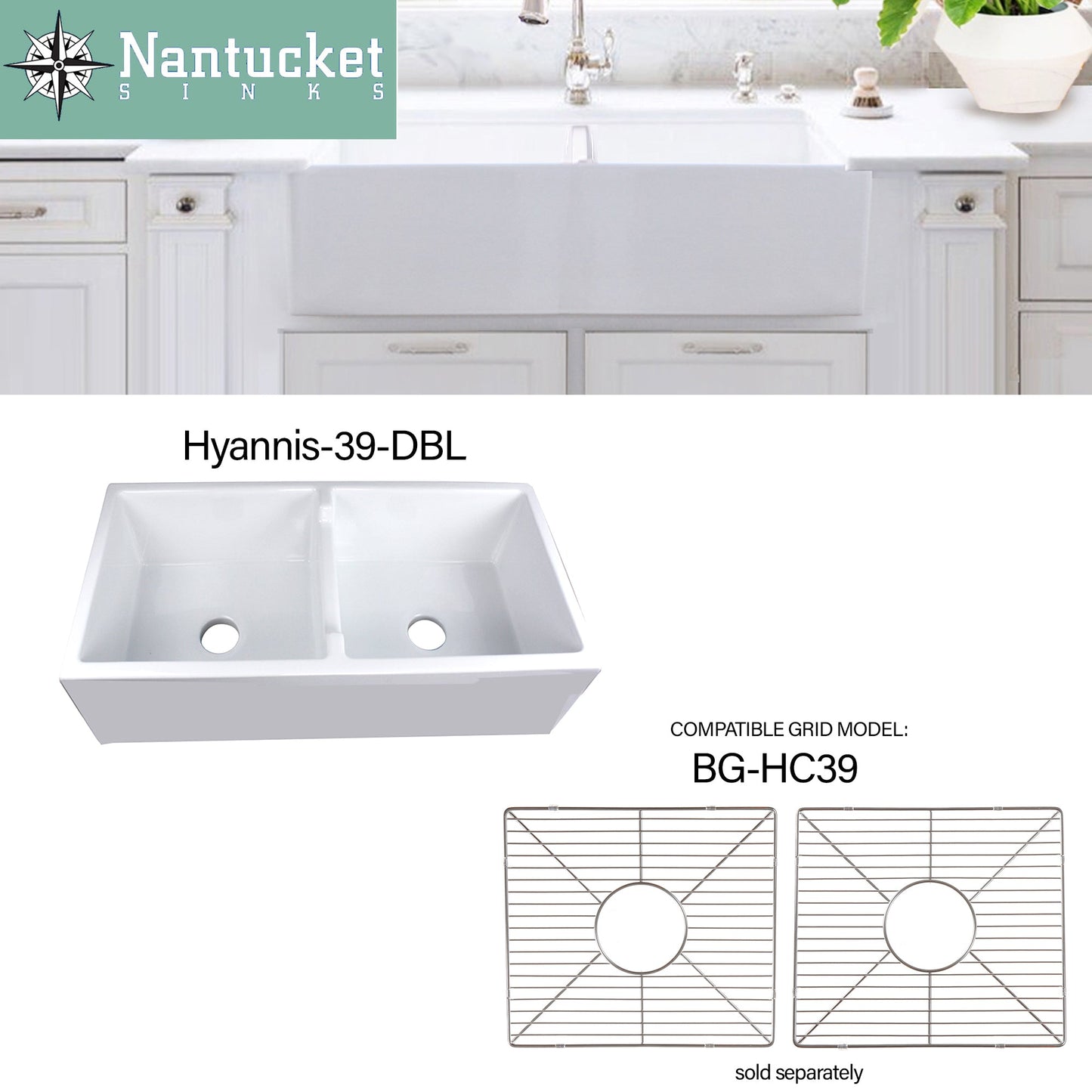 Nantucket Sinks Cape Collection 40" Rectangle Undermount Porcelain Enamel Glaze White Fireclay Double Bowl Farmhouse Apron Kitchen Sink