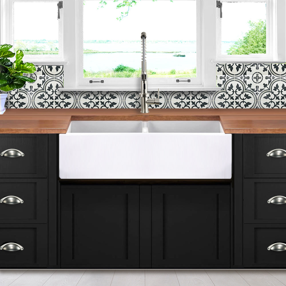 Nantucket Sinks Cape Collection 40" Rectangle Undermount Porcelain Enamel Glaze White Fireclay Double Bowl Farmhouse Apron Kitchen Sink