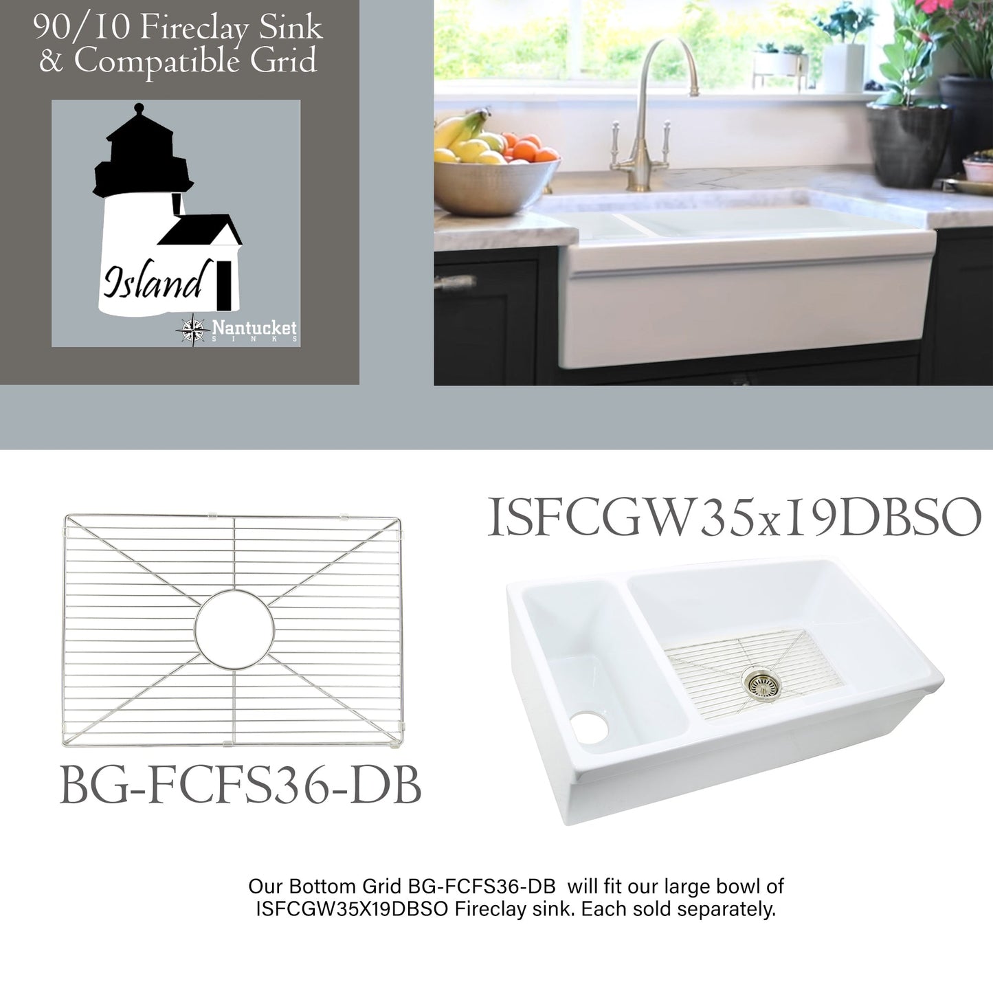 Nantucket Sinks Island Collection 36" Rectangle Undermount White Porcelain Enamel Glaze Glossy Fireclay 90/10 Reversible Double Bowl Italian Apron Sink