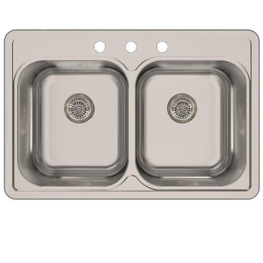 Nantucket Sinks Madaket Collection 33" Rectangle Topmount Brushed Satin 304 Stainless Steel Double Bowl Drop-In 18-Gauge Kitchen Sink