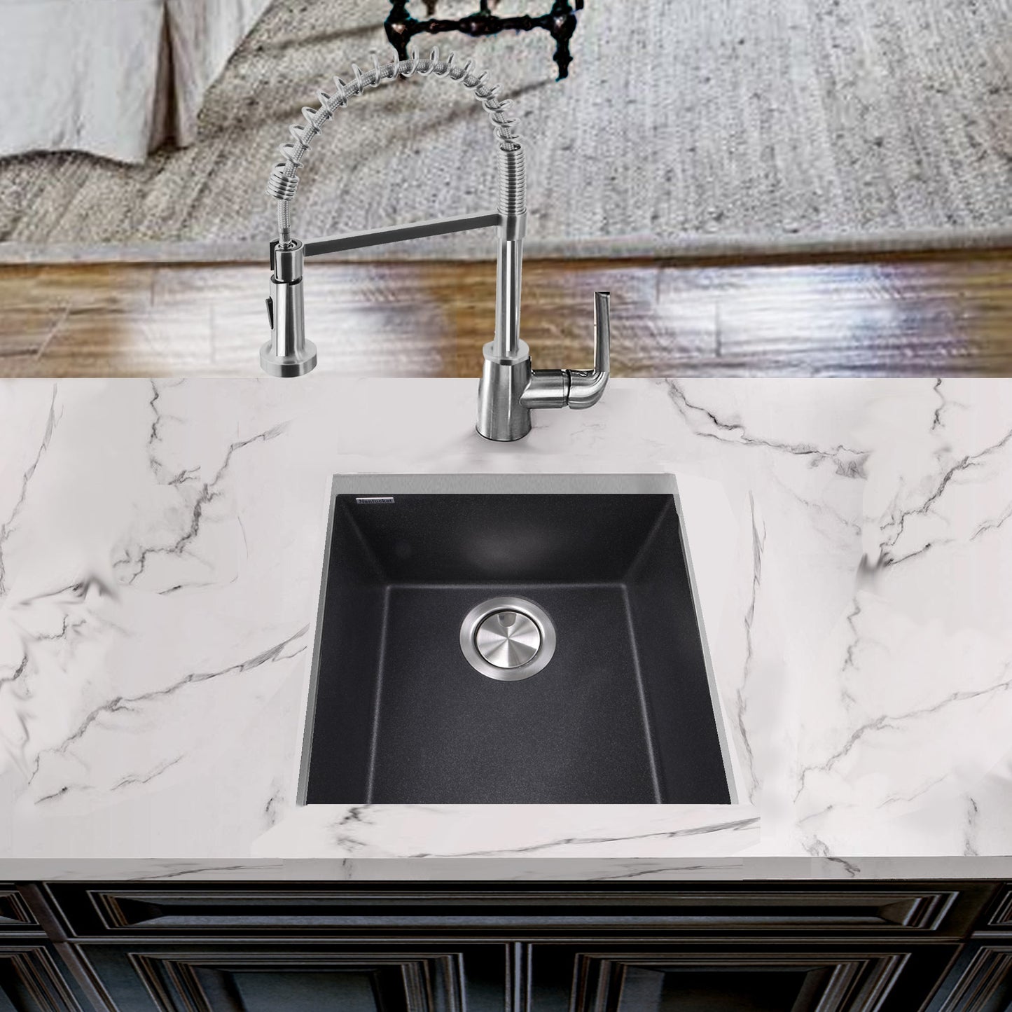 Nantucket Sinks Plymouth Collection 16" Rectangle Undermount Matte Black Granite Composite Single Bowl Bar/Prep Sink