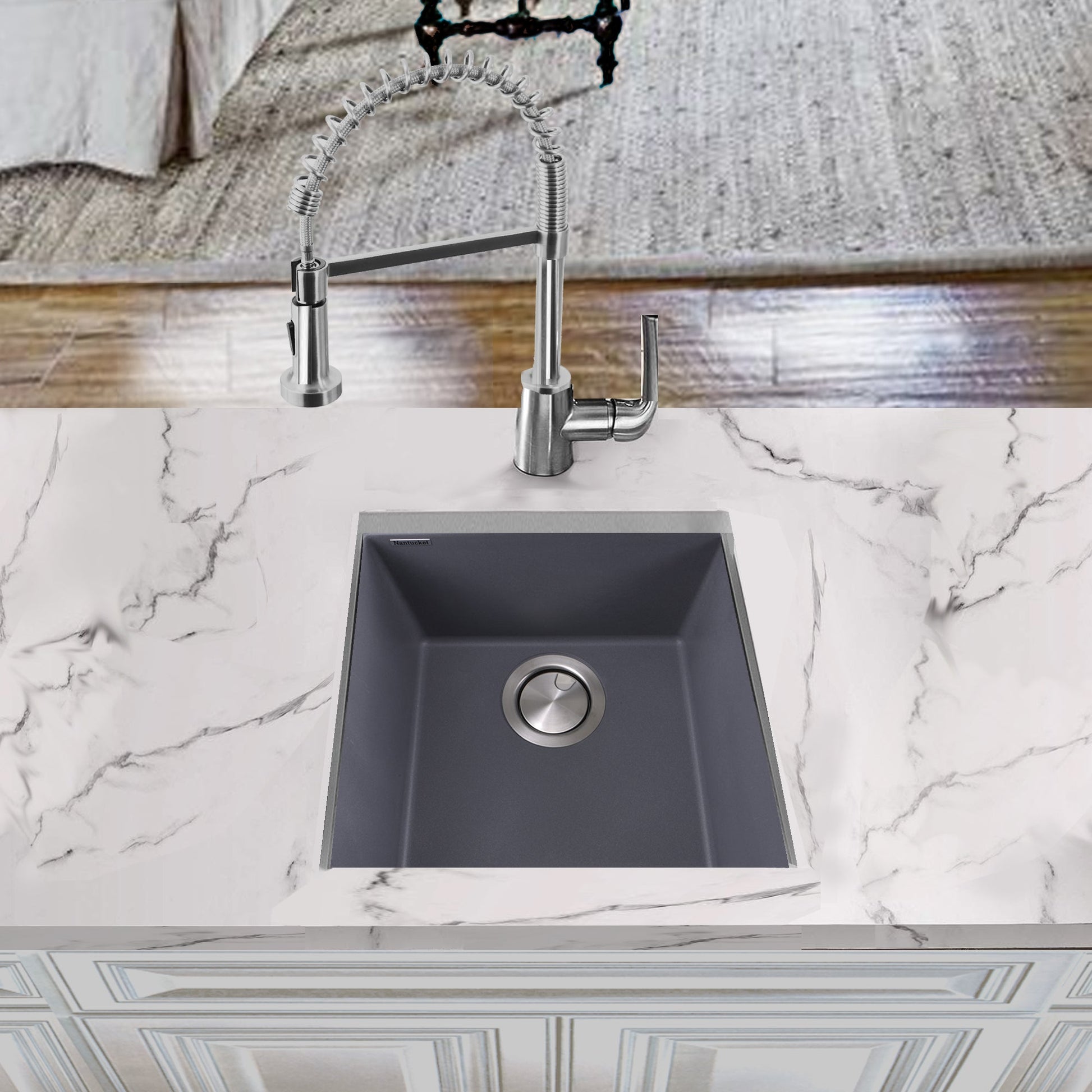 Nantucket Sinks Plymouth Collection 16" Rectangle Undermount Matte Titanium Granite Composite Single Bowl Bar/Prep Sink