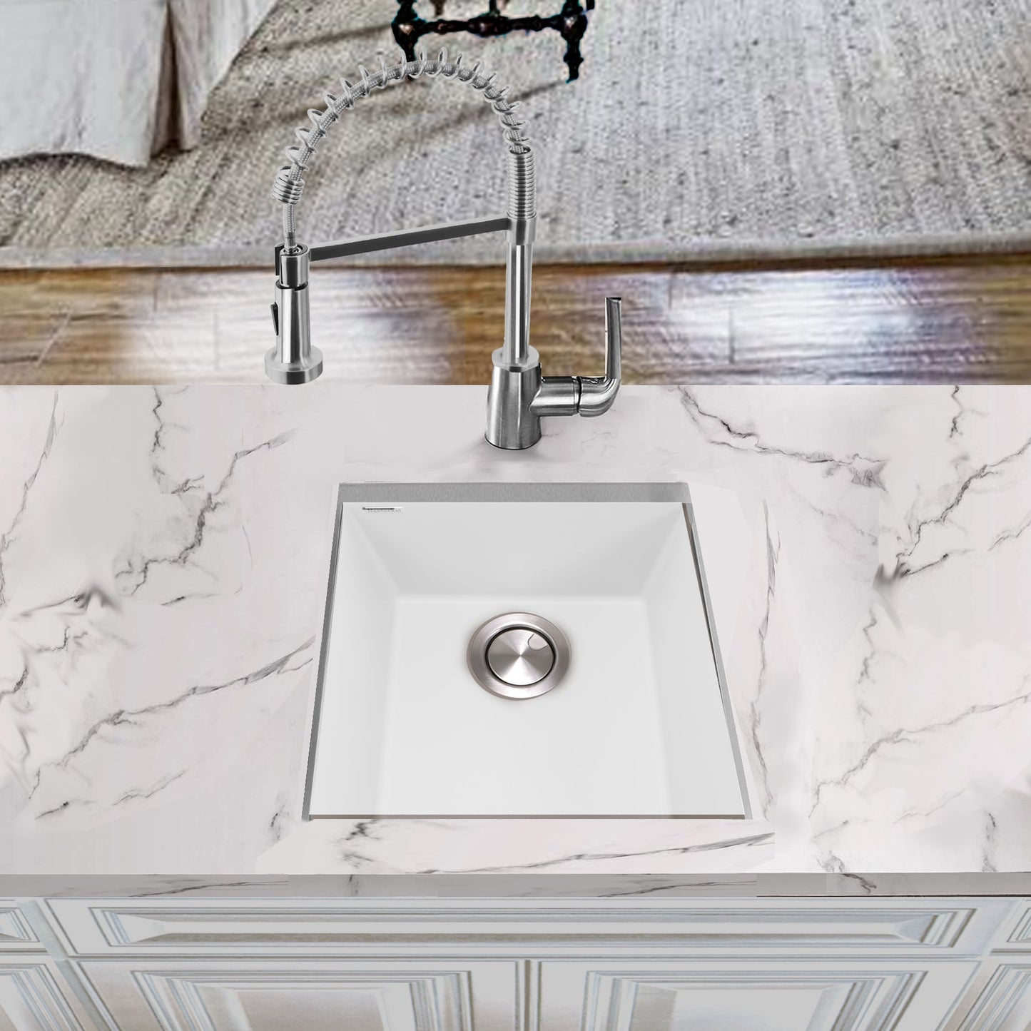 Nantucket Sinks Plymouth Collection 16" Rectangle Undermount Matte White Granite Composite Single Bowl Bar/Prep Sink