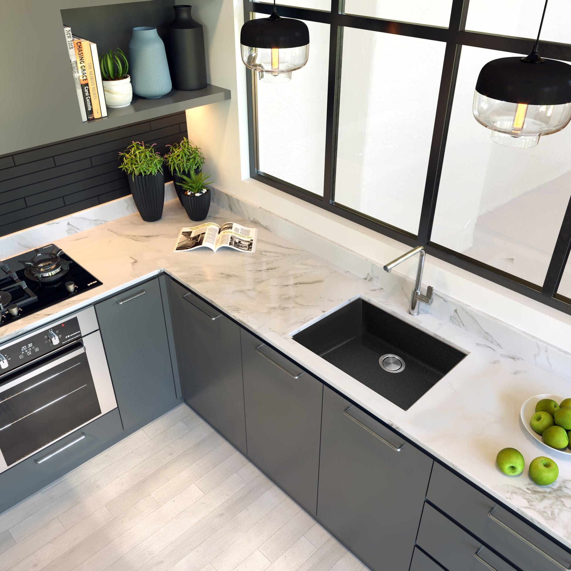 Nantucket Sinks Plymouth Collection 24" Rectangle Undermount Matte Black Granite Composite Single Bowl Kitchen Sink