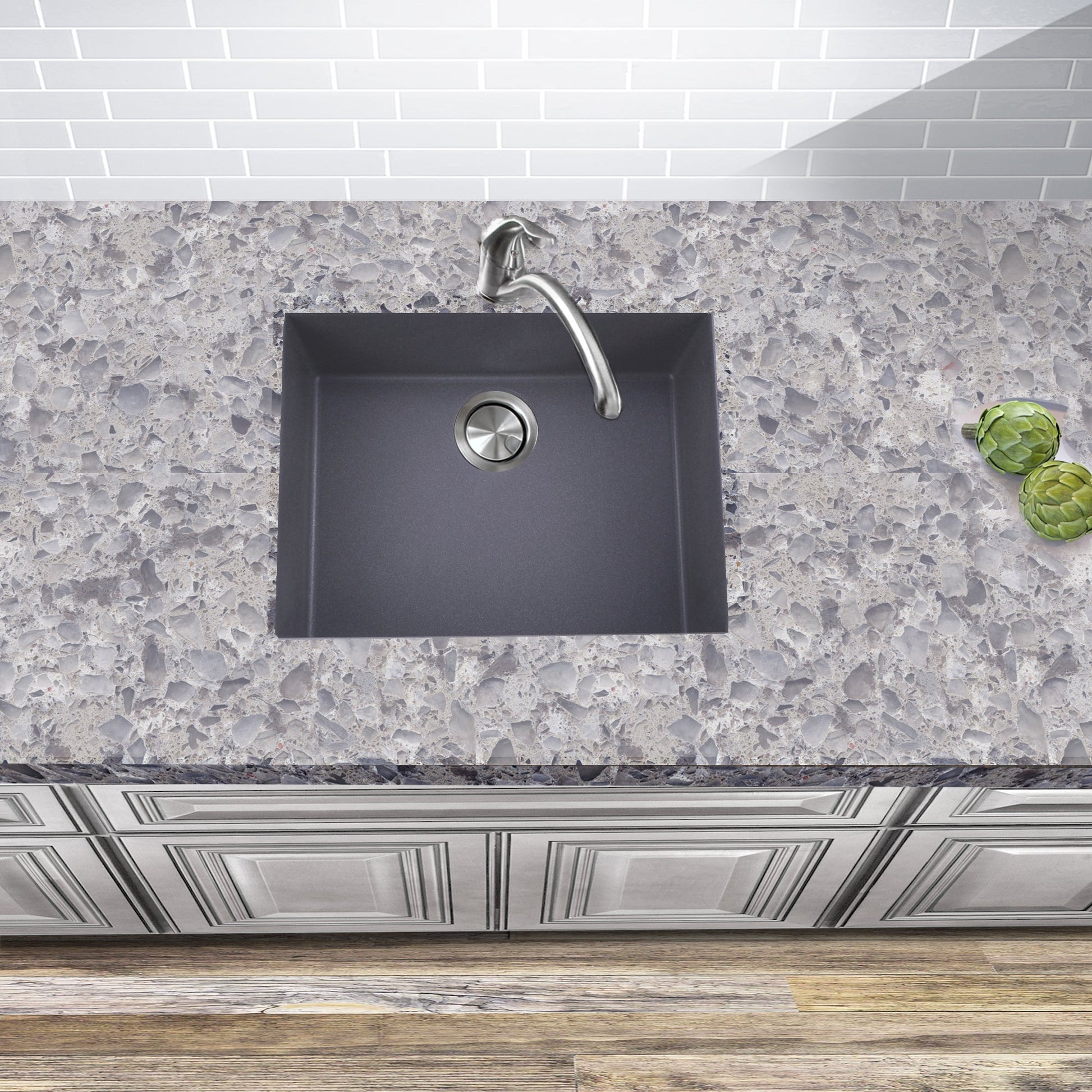 Nantucket Sinks Plymouth Collection 24" Rectangle Undermount Matte Titanium Granite Composite Single Bowl Kitchen Sink