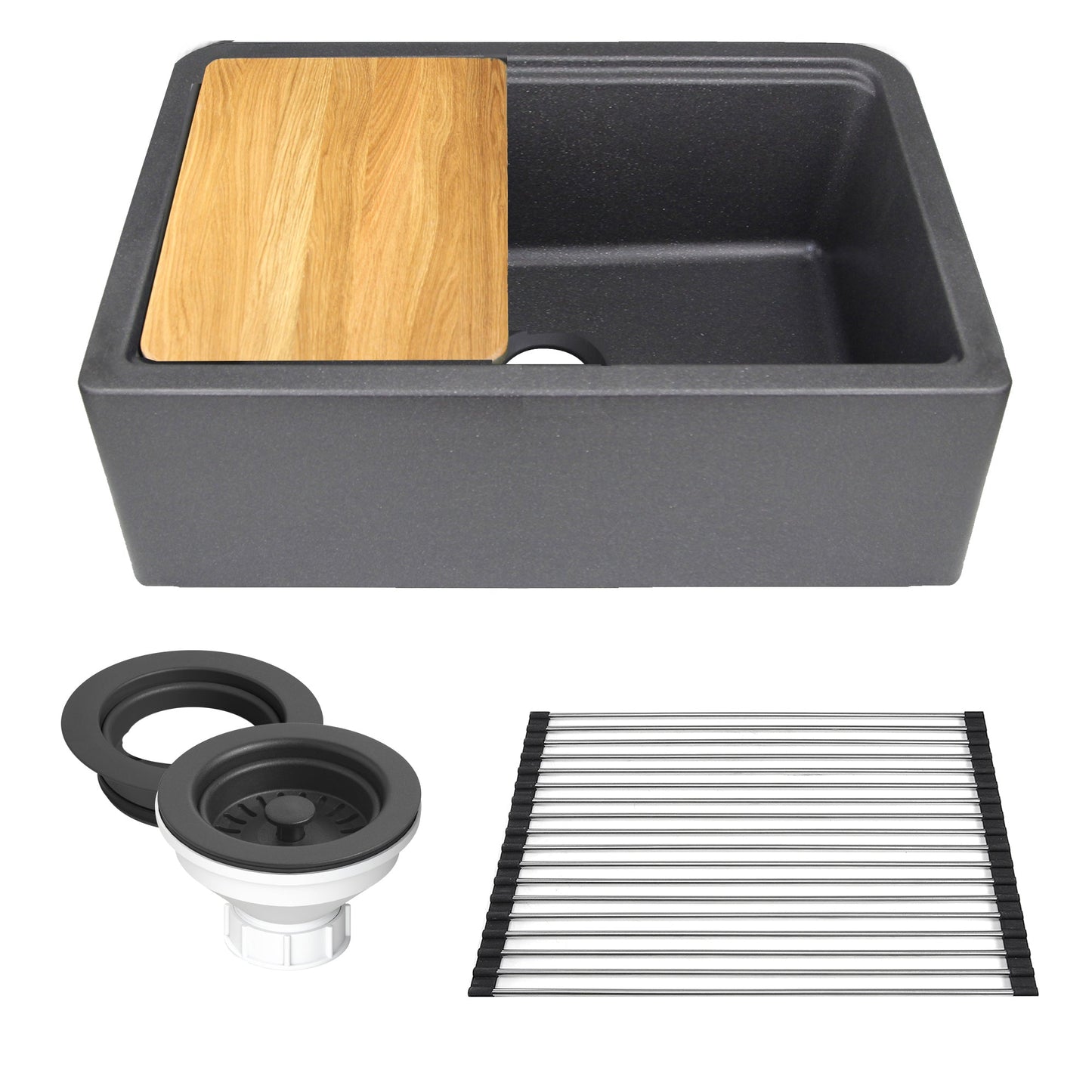 Nantucket Sinks Plymouth Collection 30" Rectangle Undermount Matte Black With Metallic Flecks Granite Composite Single Bowl Apron Reversible Workstation Kitchen Sink With Accessory Pack