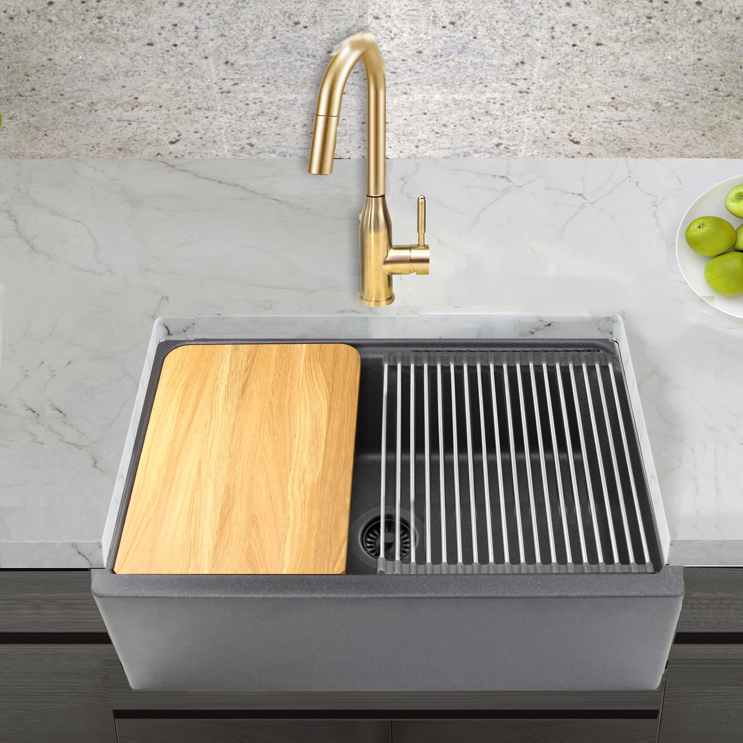 Nantucket Sinks Plymouth Collection 30" Rectangle Undermount Matte Black With Metallic Flecks Granite Composite Single Bowl Apron Reversible Workstation Kitchen Sink With Accessory Pack