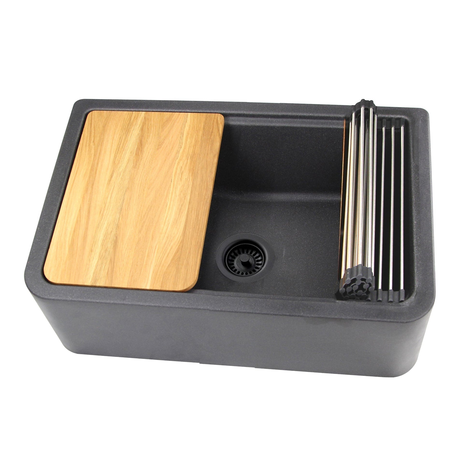 Nantucket Sinks Plymouth Collection 30" Rectangle Undermount Matte Black With Metallic Flecks Granite Composite Single Bowl Apron Reversible Workstation Kitchen Sink With Accessory Pack