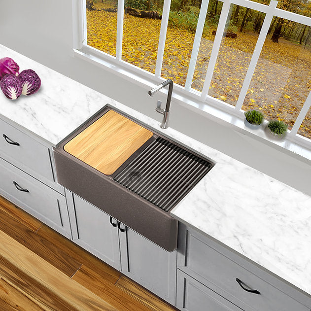 Nantucket Sinks Plymouth Collection 30" Rectangle Undermount Matte Brown With Metallic Flecks Granite Composite Single Bowl Apron Reversible Workstation Kitchen Sink With Accessory Pack