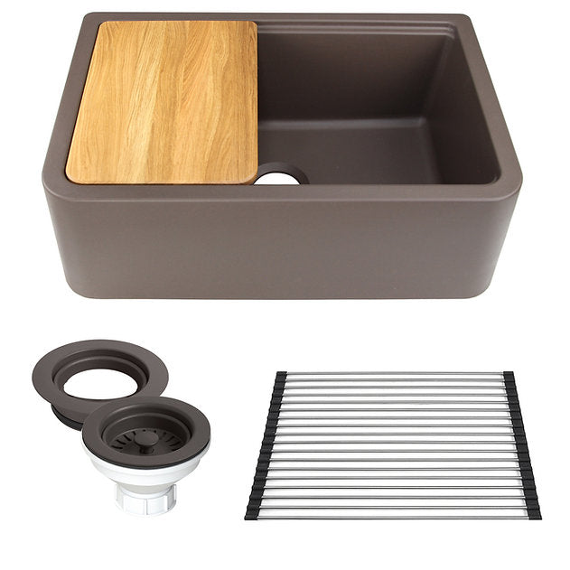 Nantucket Sinks Plymouth Collection 30" Rectangle Undermount Matte Brown With Metallic Flecks Granite Composite Single Bowl Apron Reversible Workstation Kitchen Sink With Accessory Pack