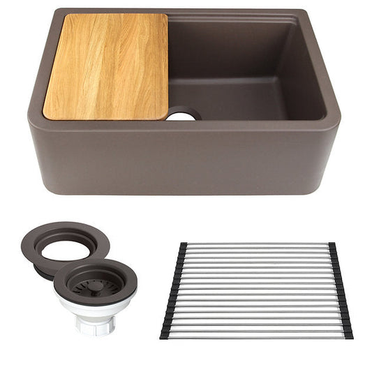 Nantucket Sinks Plymouth Collection 30" Rectangle Undermount Matte Brown With Metallic Flecks Granite Composite Single Bowl Apron Reversible Workstation Kitchen Sink With Accessory Pack