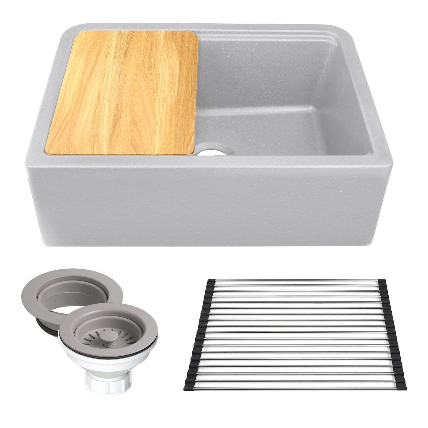 Nantucket Sinks Plymouth Collection 30" Rectangle Undermount Matte Light Grey With Metallic Flecks Granite Composite Single Bowl Apron Reversible Workstation Kitchen Sink With Accessory Pack