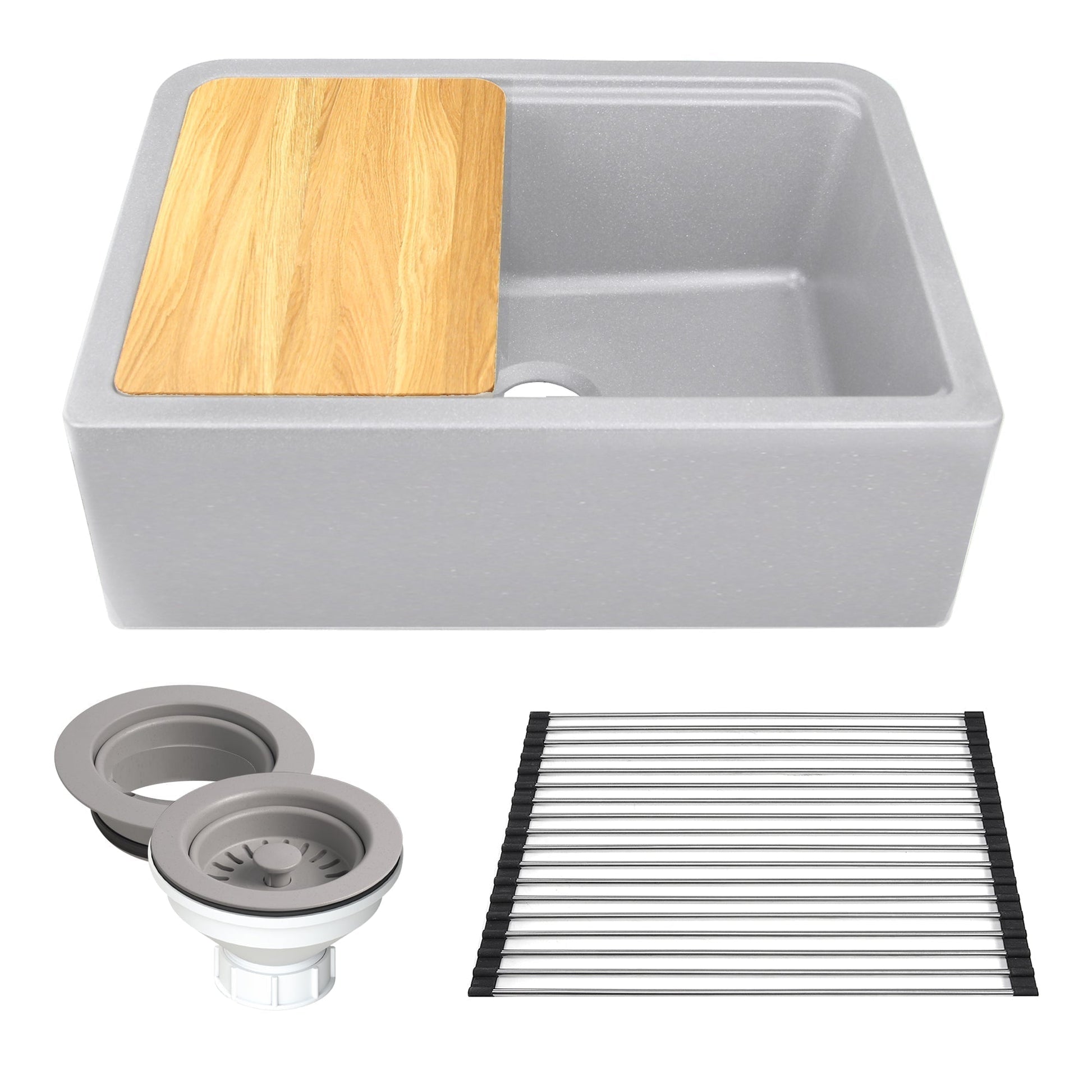 Nantucket Sinks Plymouth Collection 30" Rectangle Undermount Matte Light Grey With Metallic Flecks Granite Composite Single Bowl Apron Reversible Workstation Kitchen Sink With Accessory Pack