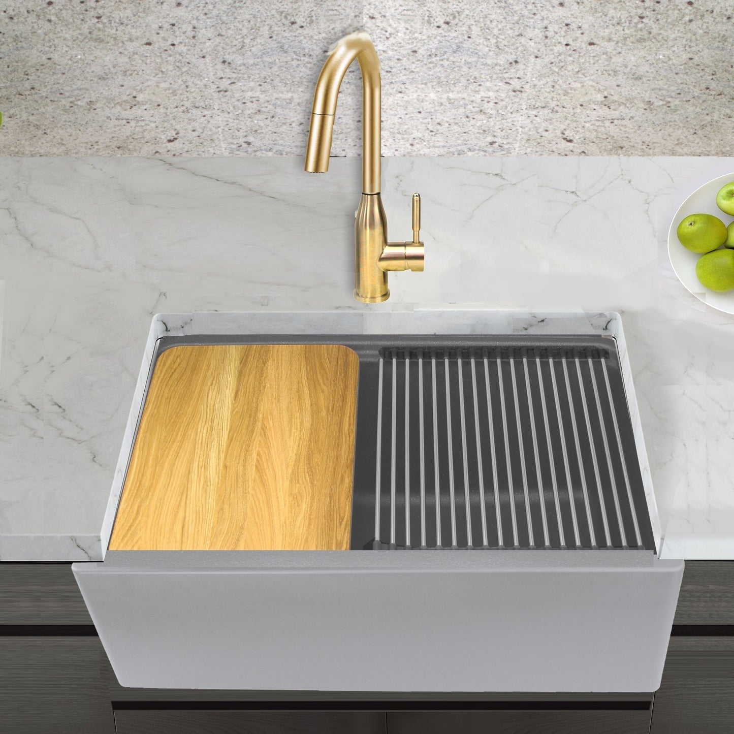 Nantucket Sinks Plymouth Collection 30" Rectangle Undermount Matte Light Grey With Metallic Flecks Granite Composite Single Bowl Apron Reversible Workstation Kitchen Sink With Accessory Pack