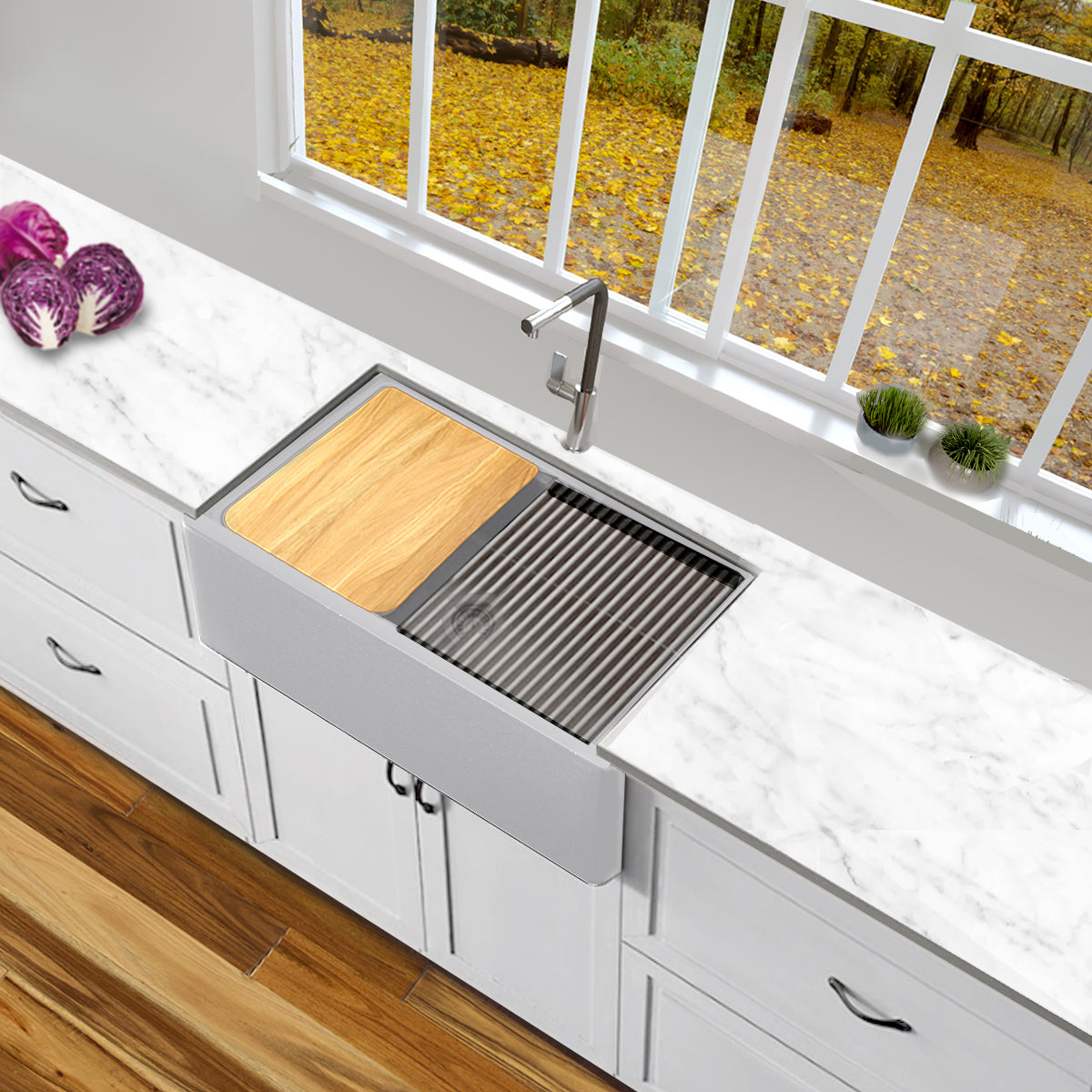 Nantucket Sinks Plymouth Collection 30" Rectangle Undermount Matte Light Grey With Metallic Flecks Granite Composite Single Bowl Apron Reversible Workstation Kitchen Sink With Accessory Pack