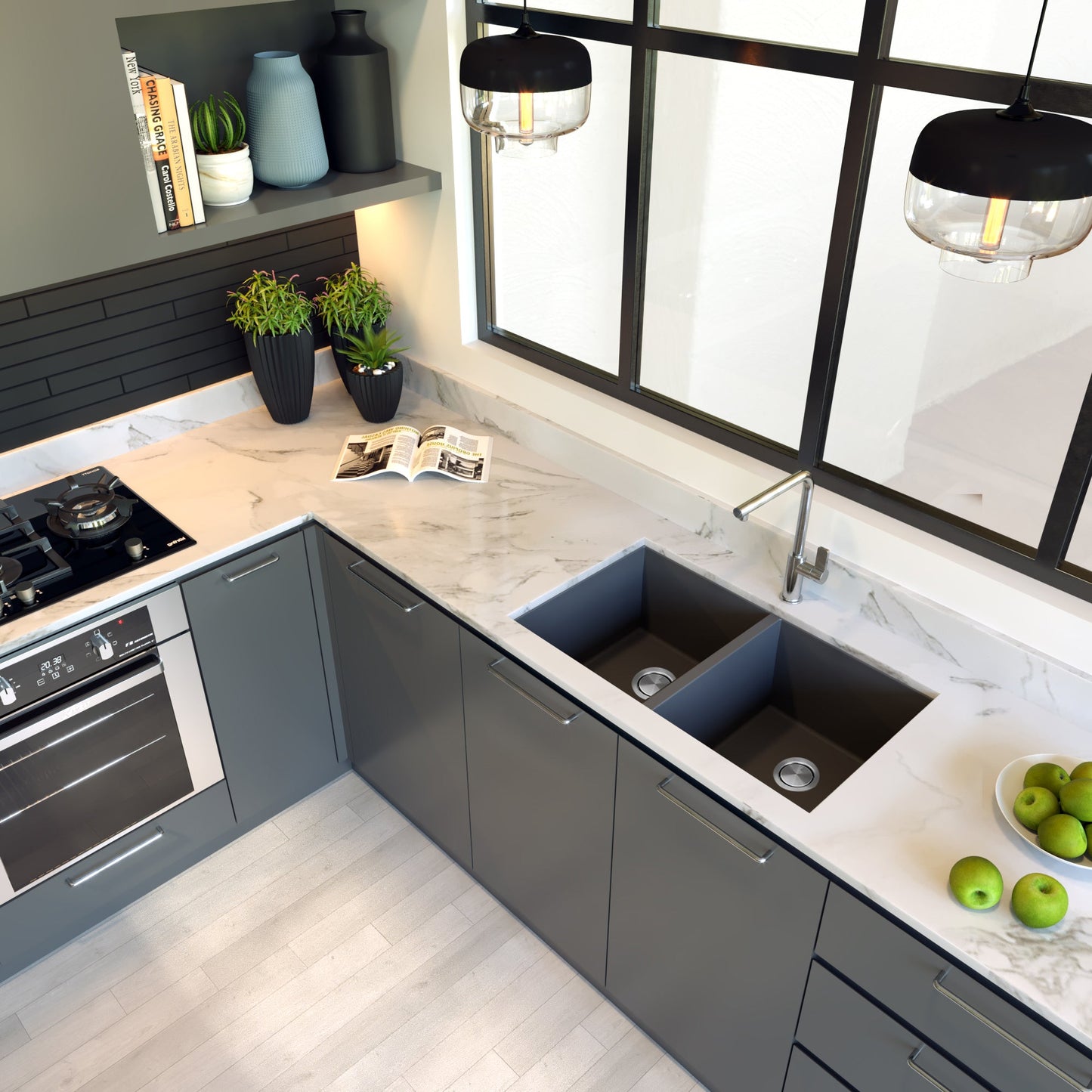 Nantucket Sinks Plymouth Collection 32" Rectangle Undermount Matte Titanium Granite Composite 50/50 Double Bowl Kitchen Sink