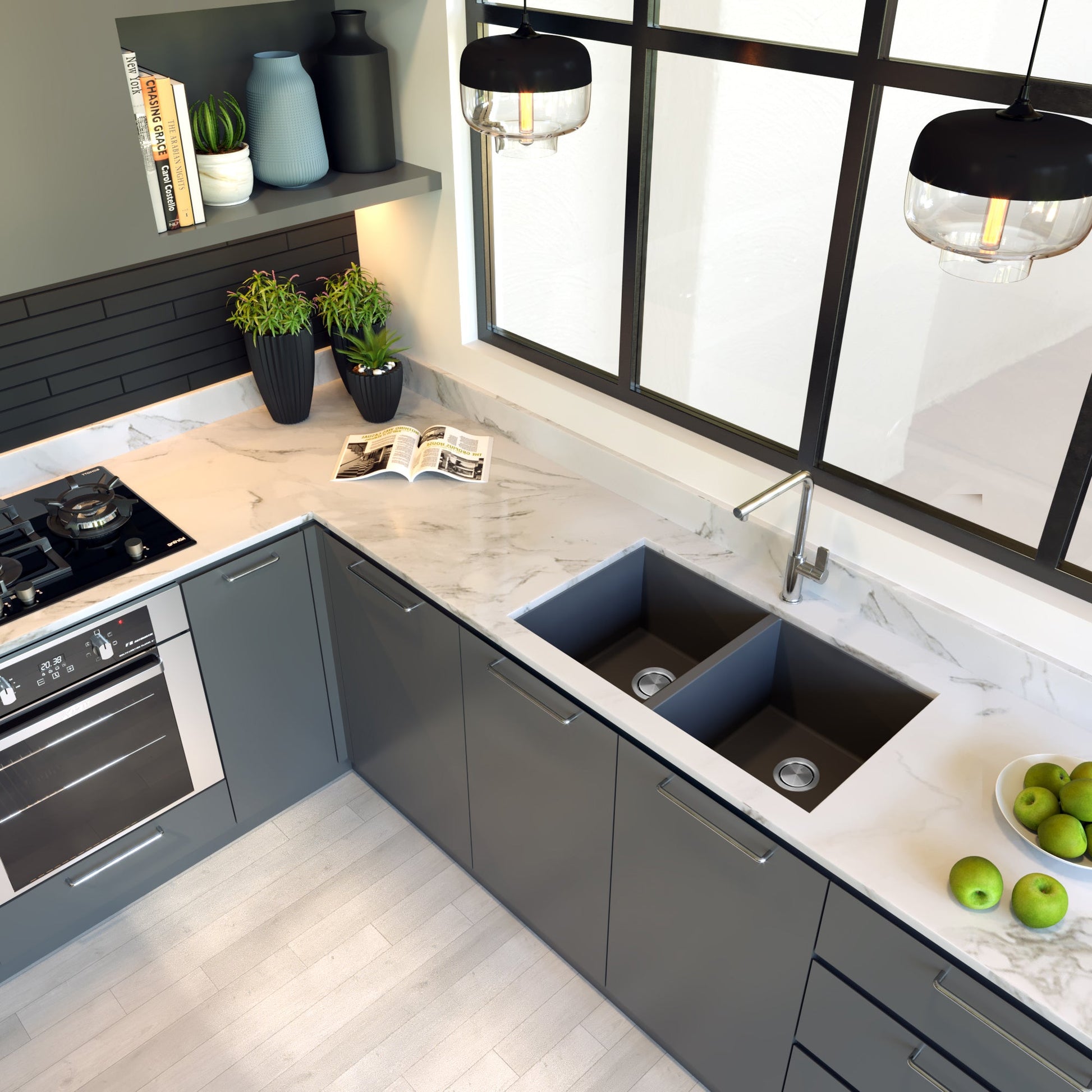 Nantucket Sinks Plymouth Collection 32" Rectangle Undermount Matte Titanium Granite Composite 50/50 Double Bowl Kitchen Sink