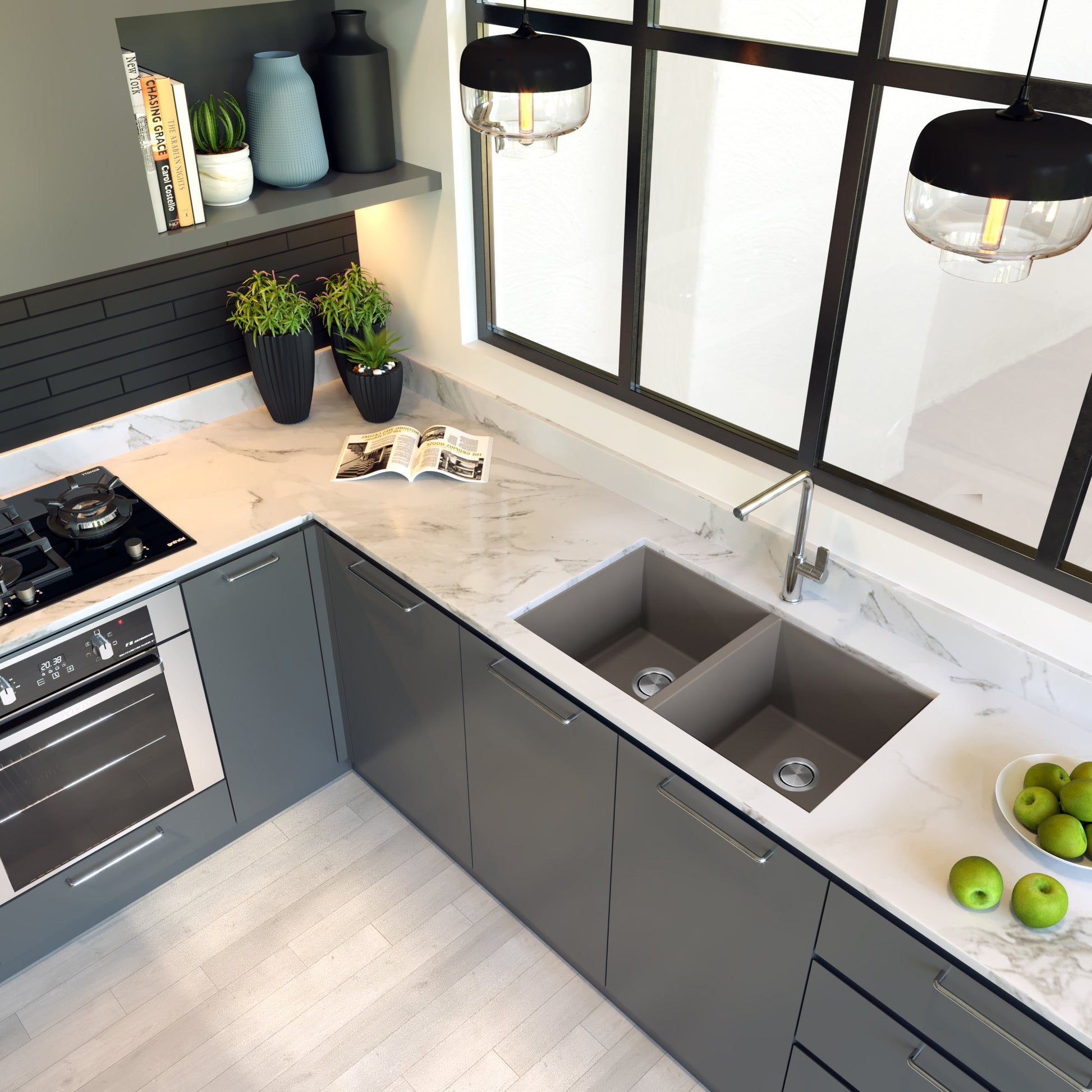 Nantucket Sinks Plymouth Collection 32" Rectangle Undermount Matte Truffle Granite Composite 50/50 Double Bowl Kitchen Sink