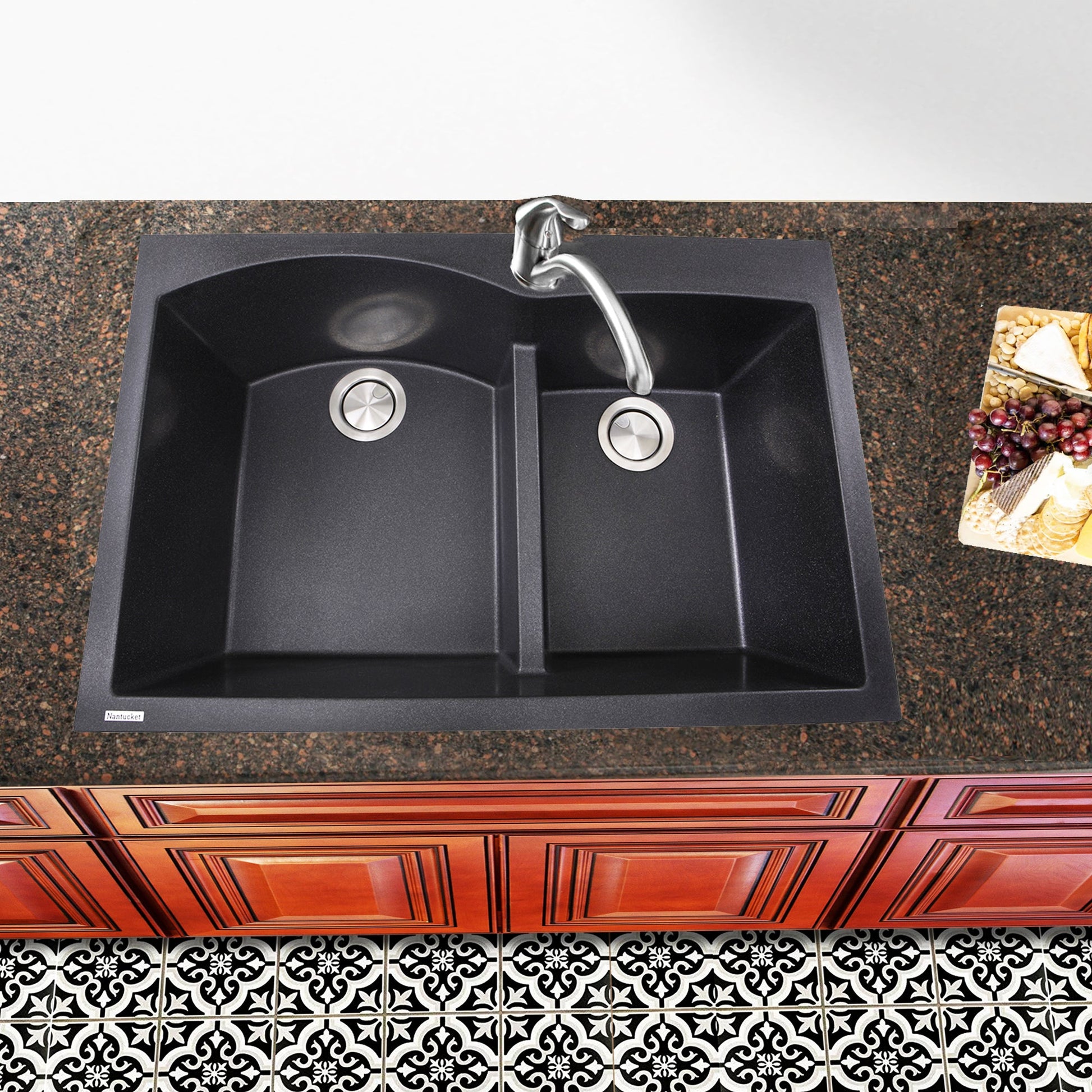 Nantucket Sinks Plymouth Collection 33" Irregular/Rectangle Dual-mount Matte Black Granite Composite 60/40 Double Bowl Kitchen Sink