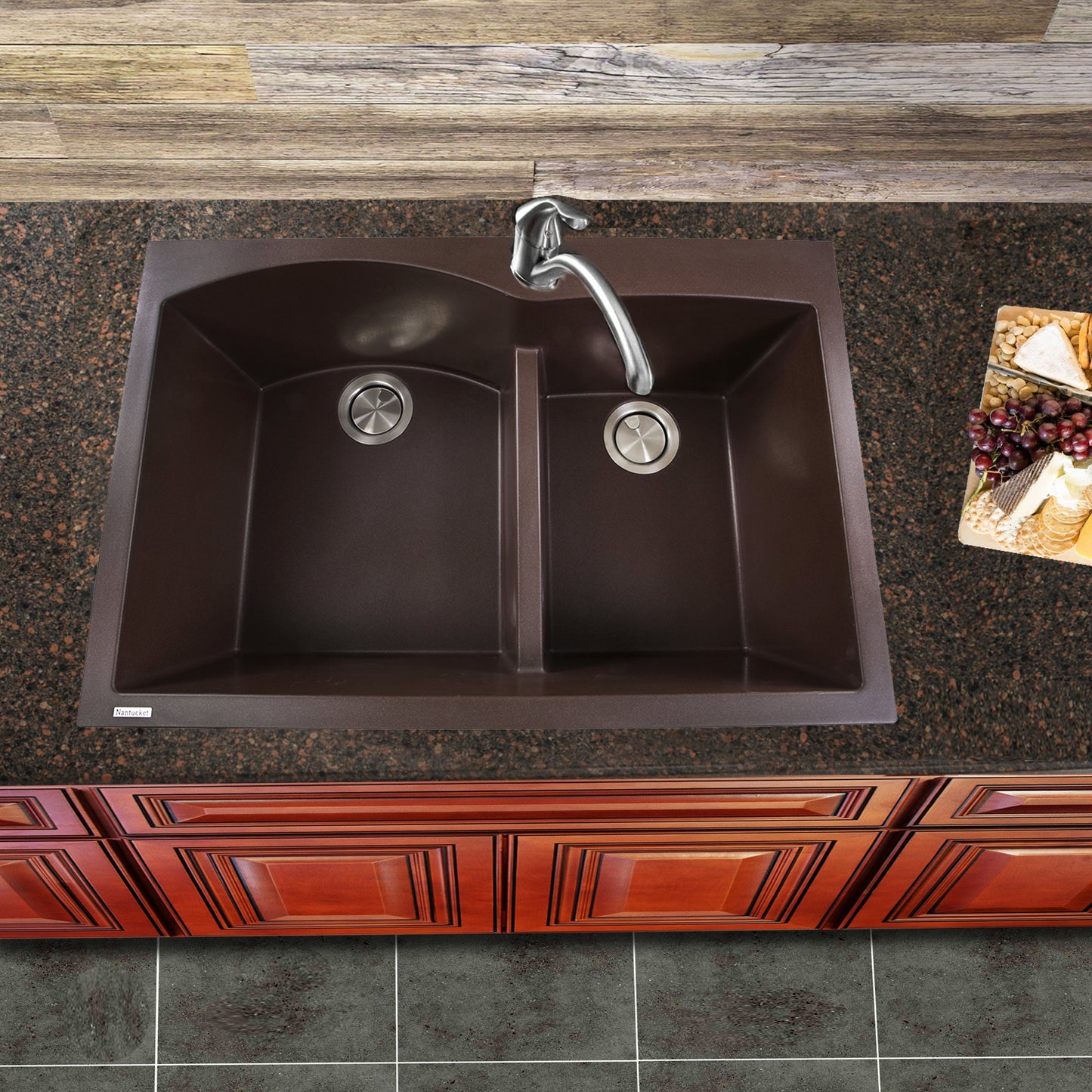 Nantucket Sinks Plymouth Collection 33" Irregular/Rectangle Dual-mount Matte Brown Granite Composite 60/40 Double Bowl Kitchen Sink
