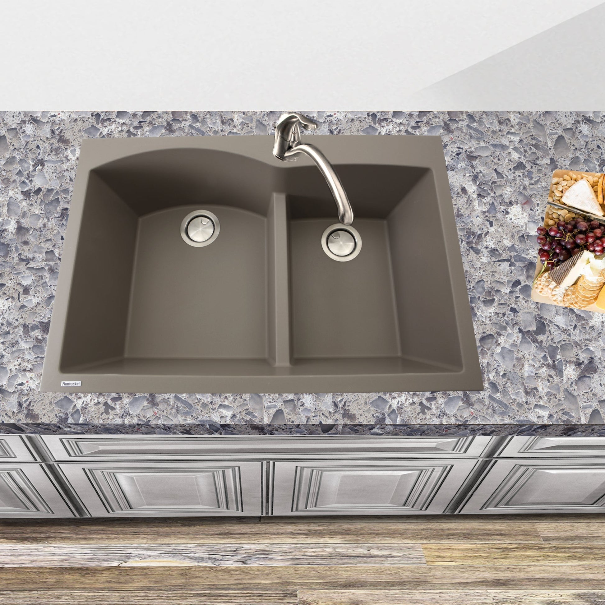 Nantucket Sinks Plymouth Collection 33" Irregular/Rectangle Dual-mount Matte Truffle Granite Composite 60/40 Double Bowl Kitchen Sink