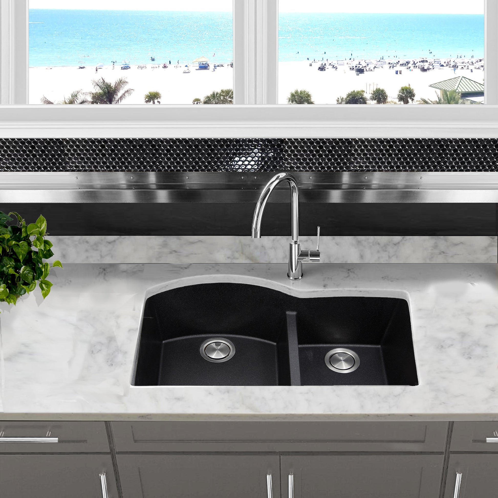 Nantucket Sinks Plymouth Collection 33" Irregular/Rectangle Undermount Matte Black Granite Composite 60/40 Double Bowl Kitchen Sink