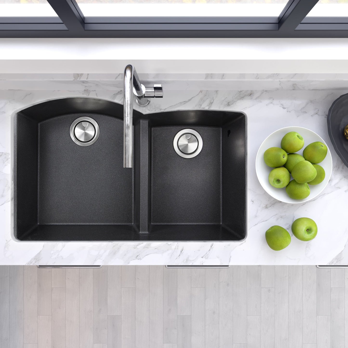 Nantucket Sinks Plymouth Collection 33" Irregular/Rectangle Undermount Matte Black Granite Composite 60/40 Double Bowl Kitchen Sink