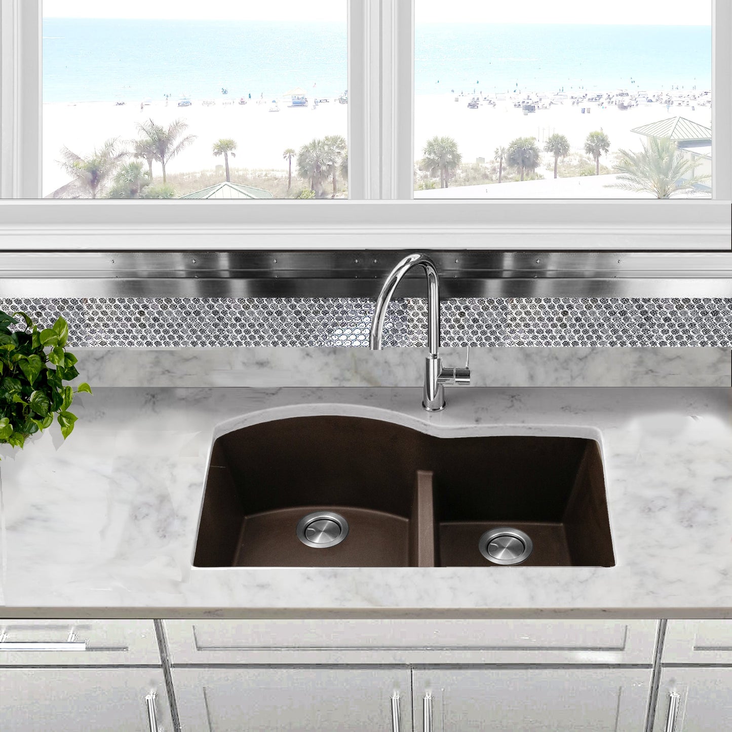 Nantucket Sinks Plymouth Collection 33" Irregular/Rectangle Undermount Matte Brown Granite Composite 60/40 Double Bowl Kitchen Sink
