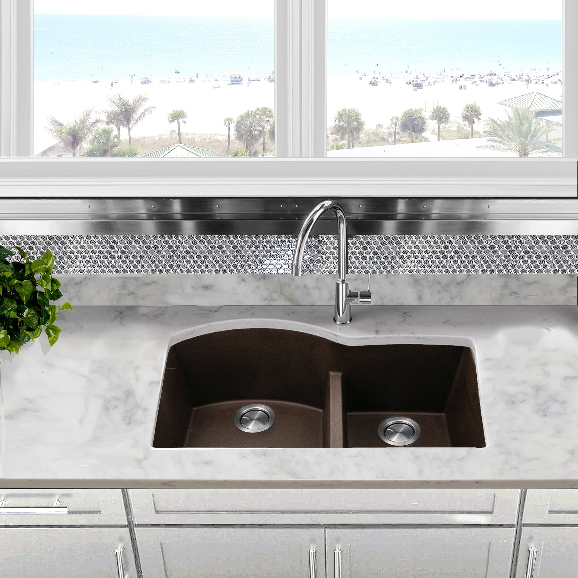 Nantucket Sinks Plymouth Collection 33" Irregular/Rectangle Undermount Matte Brown Granite Composite 60/40 Double Bowl Kitchen Sink