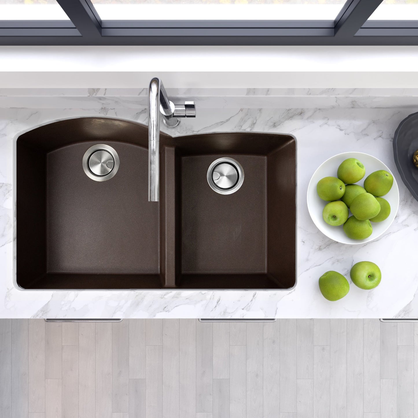 Nantucket Sinks Plymouth Collection 33" Irregular/Rectangle Undermount Matte Brown Granite Composite 60/40 Double Bowl Kitchen Sink