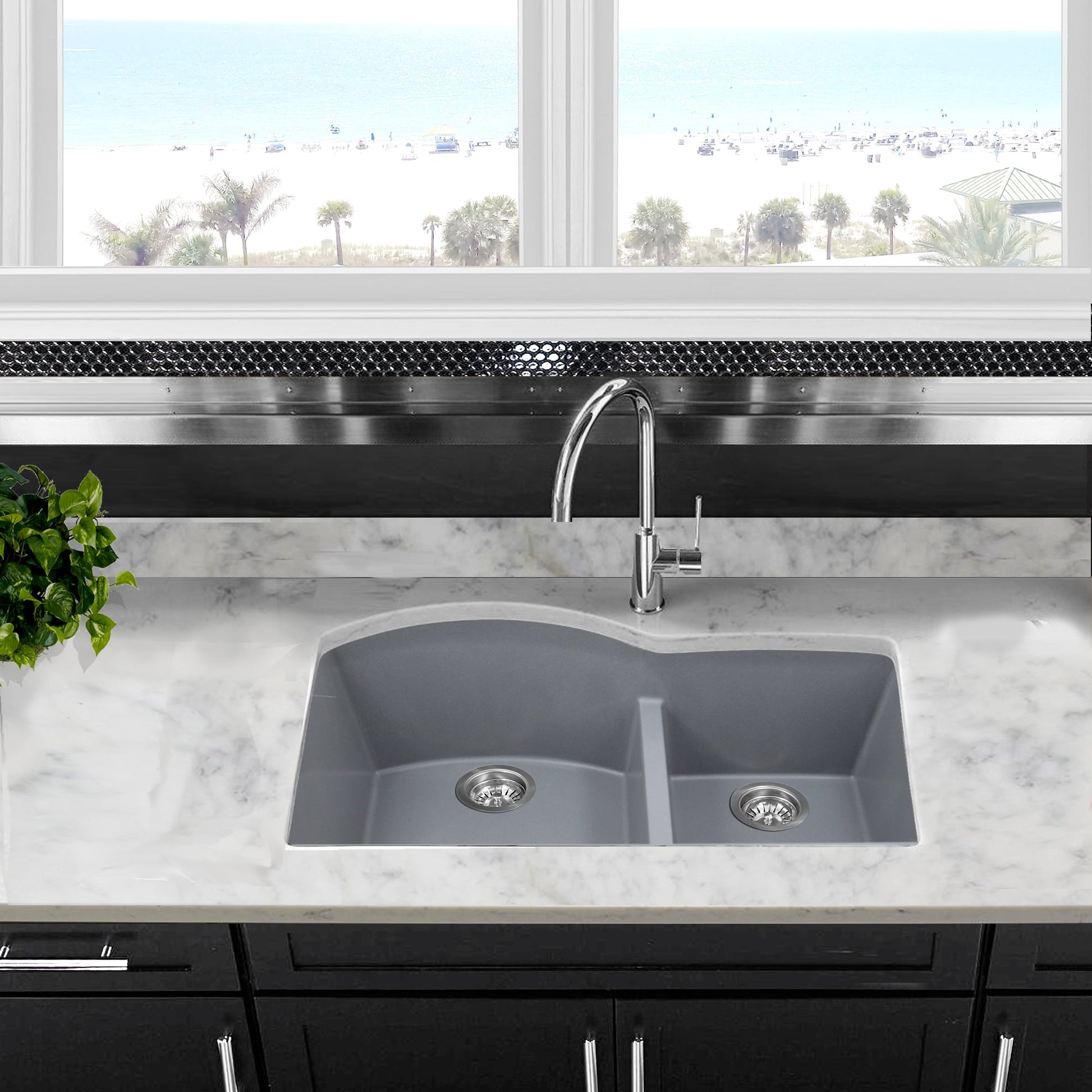 Nantucket Sinks Plymouth Collection 33" Irregular/Rectangle Undermount Matte Titanium Granite Composite 60/40 Double Bowl Kitchen Sink