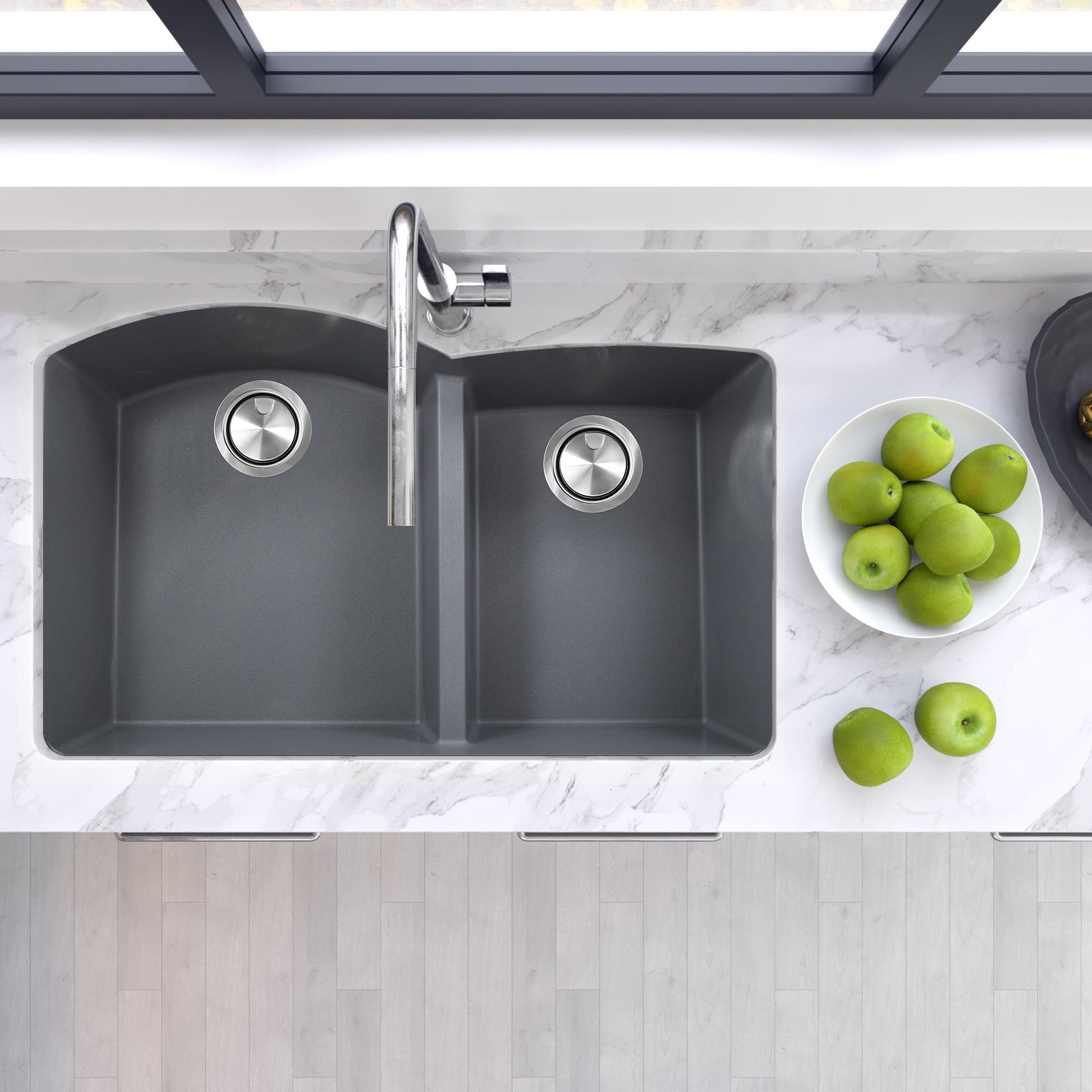 Nantucket Sinks Plymouth Collection 33" Irregular/Rectangle Undermount Matte Titanium Granite Composite 60/40 Double Bowl Kitchen Sink