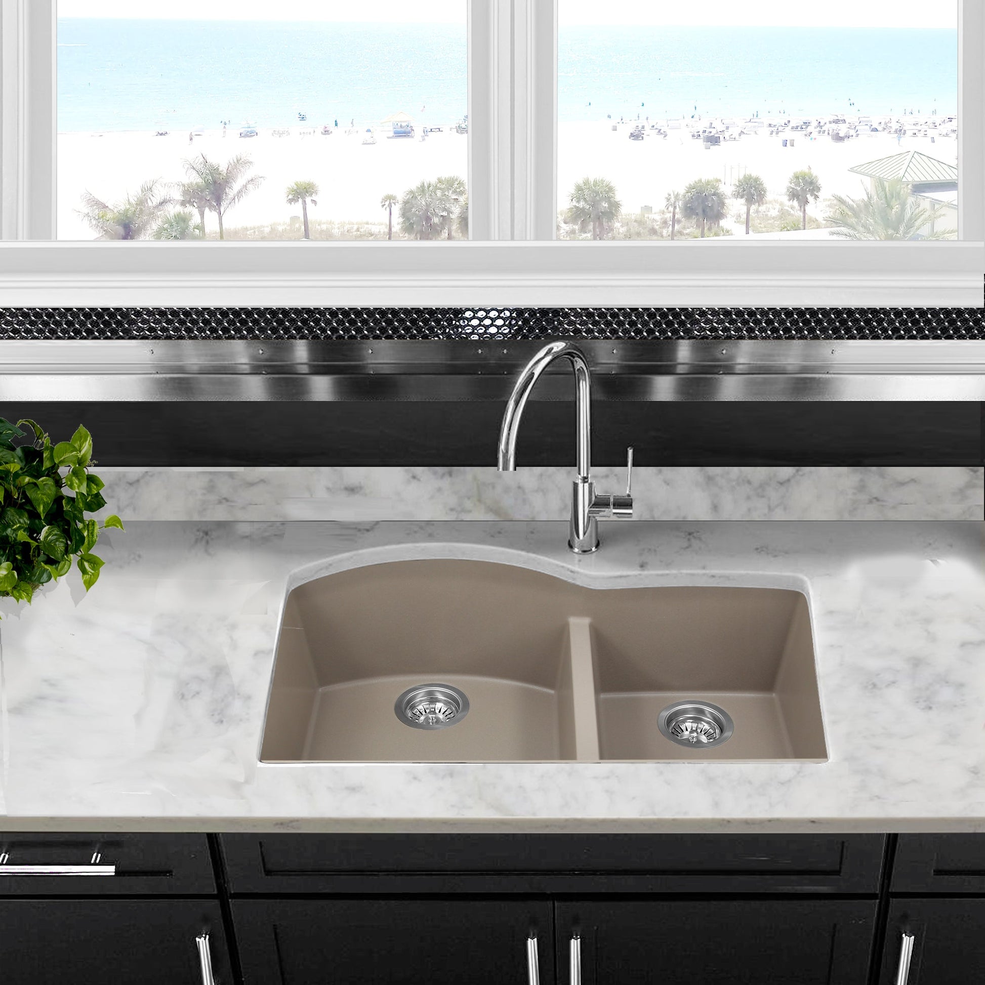 Nantucket Sinks Plymouth Collection 33" Irregular/Rectangle Undermount Matte Truffle Granite Composite 60/40 Double Bowl Kitchen Sink
