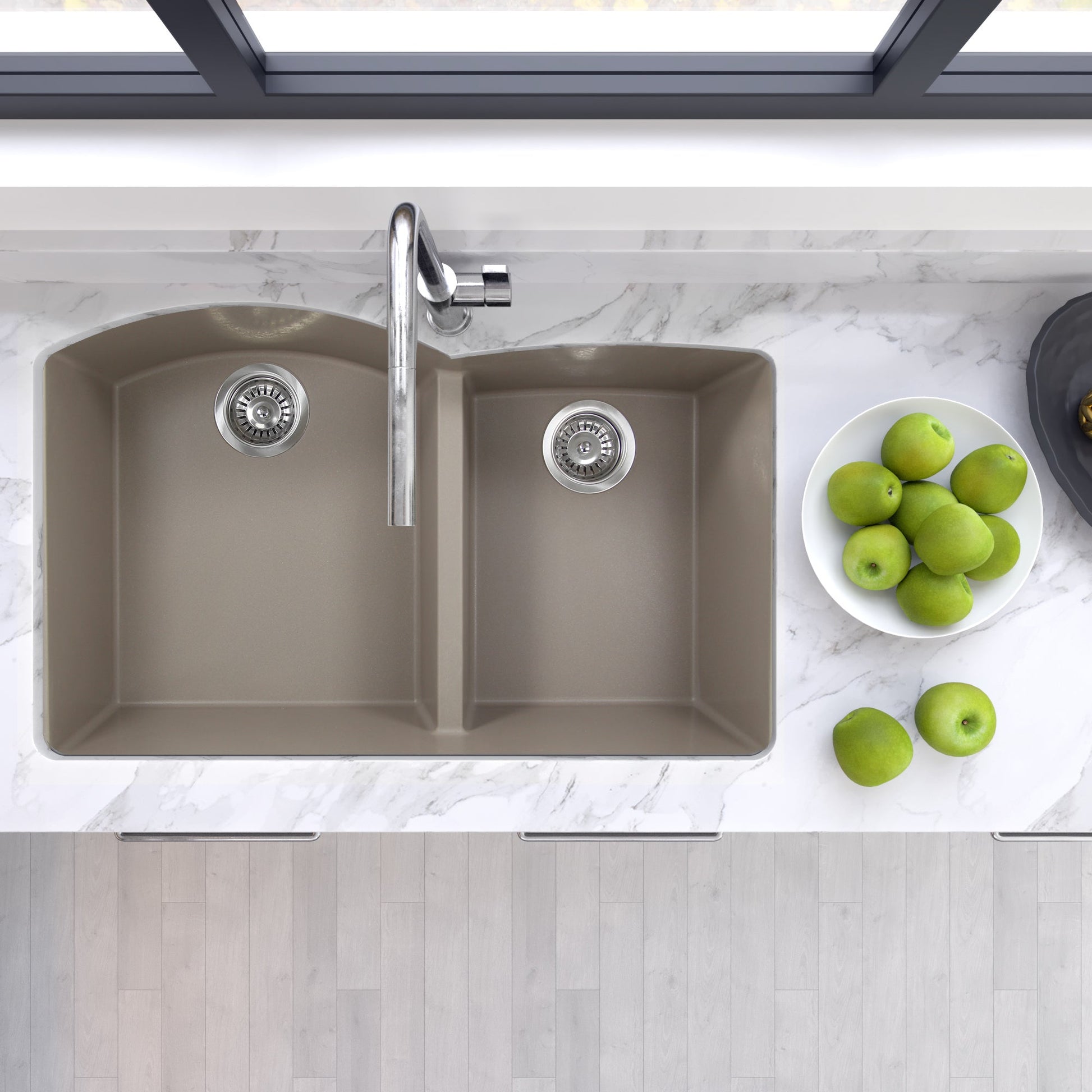 Nantucket Sinks Plymouth Collection 33" Irregular/Rectangle Undermount Matte Truffle Granite Composite 60/40 Double Bowl Kitchen Sink