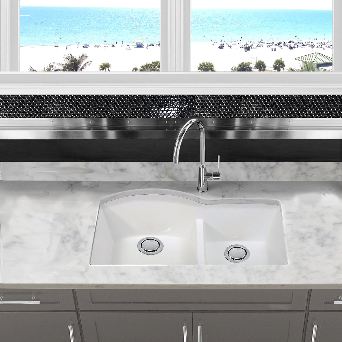 Nantucket Sinks Plymouth Collection 33" Irregular/Rectangle Undermount Matte White Granite Composite 60/40 Double Bowl Kitchen Sink