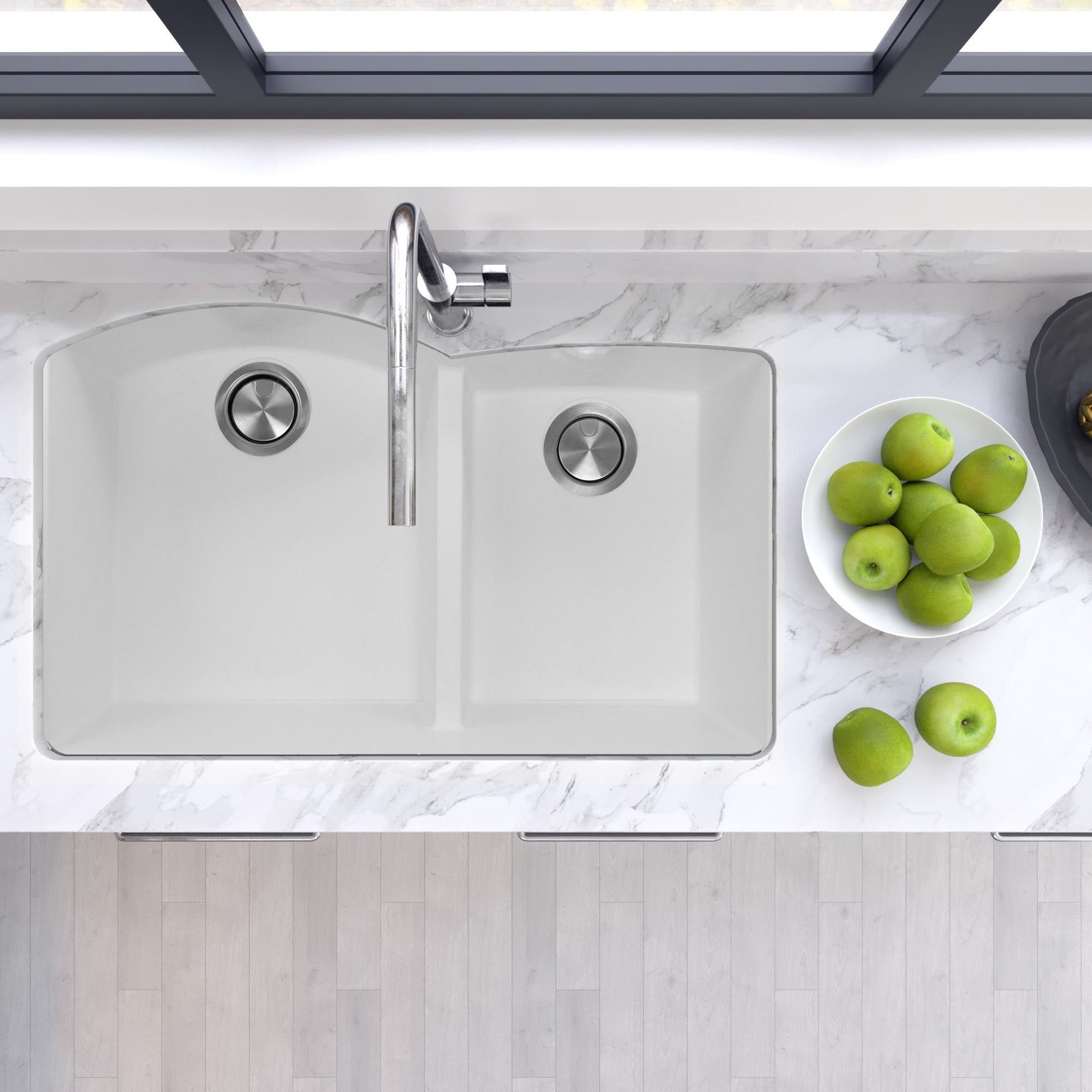 Nantucket Sinks Plymouth Collection 33" Irregular/Rectangle Undermount Matte White Granite Composite 60/40 Double Bowl Kitchen Sink