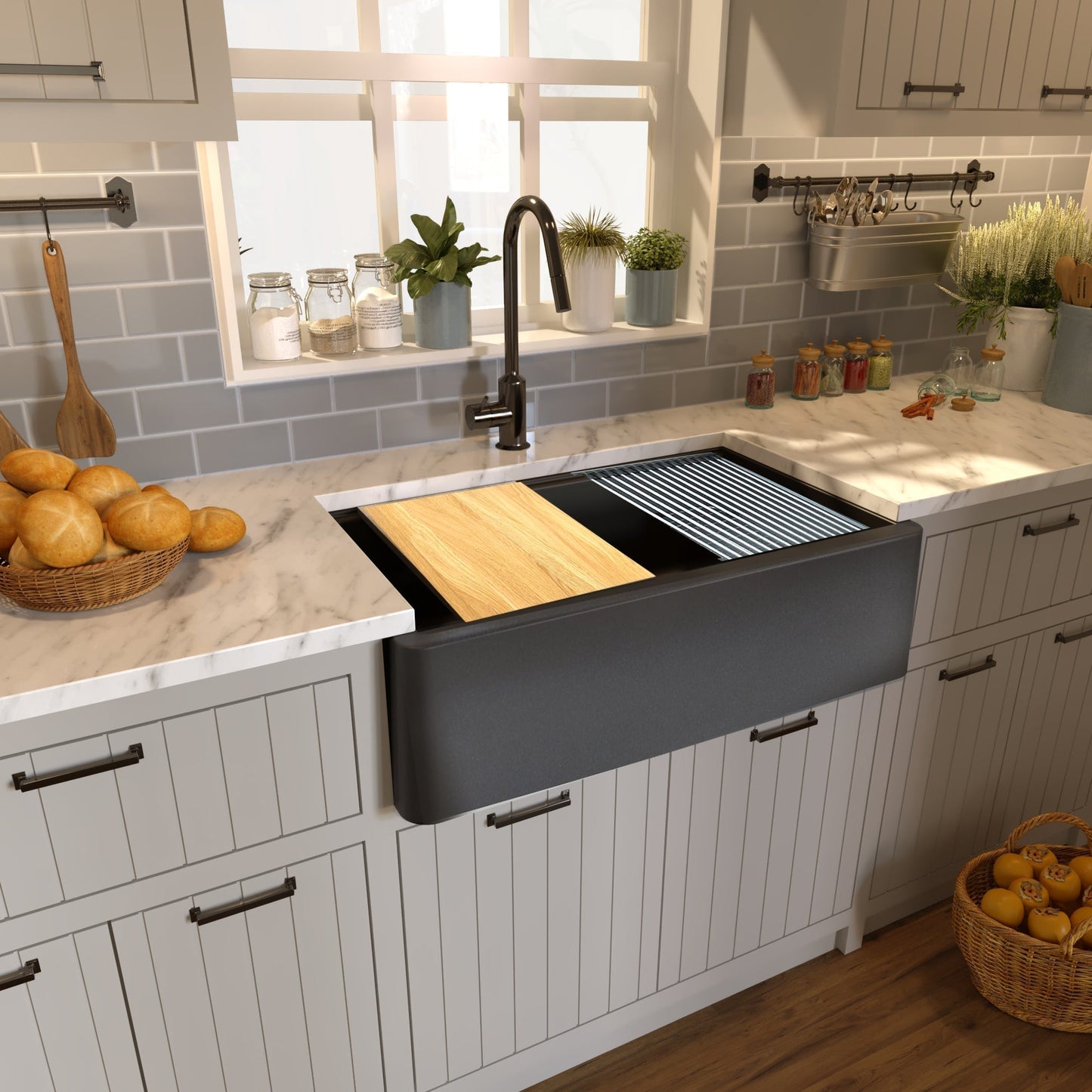 Nantucket Sinks Plymouth Collection 33" Rectangle Undermount Matte Black With Metallic Flecks Granite Composite Single Bowl Apron Reversible Workstation Kitchen Sink With Accessory Pack