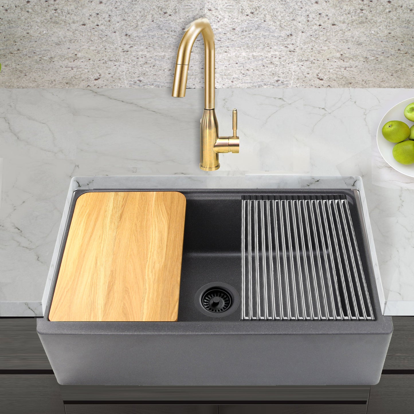 Nantucket Sinks Plymouth Collection 33" Rectangle Undermount Matte Black With Metallic Flecks Granite Composite Single Bowl Apron Reversible Workstation Kitchen Sink With Accessory Pack