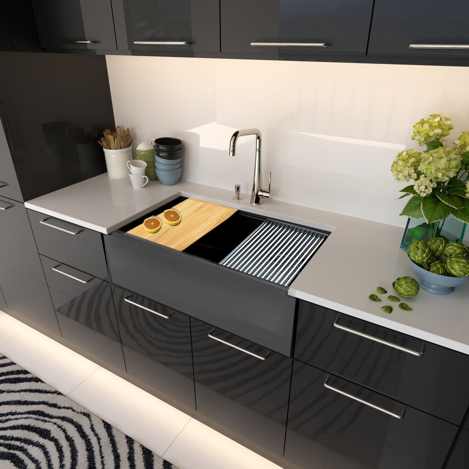 Nantucket Sinks Plymouth Collection 33" Rectangle Undermount Matte Black With Metallic Flecks Granite Composite Single Bowl Apron Reversible Workstation Kitchen Sink With Accessory Pack