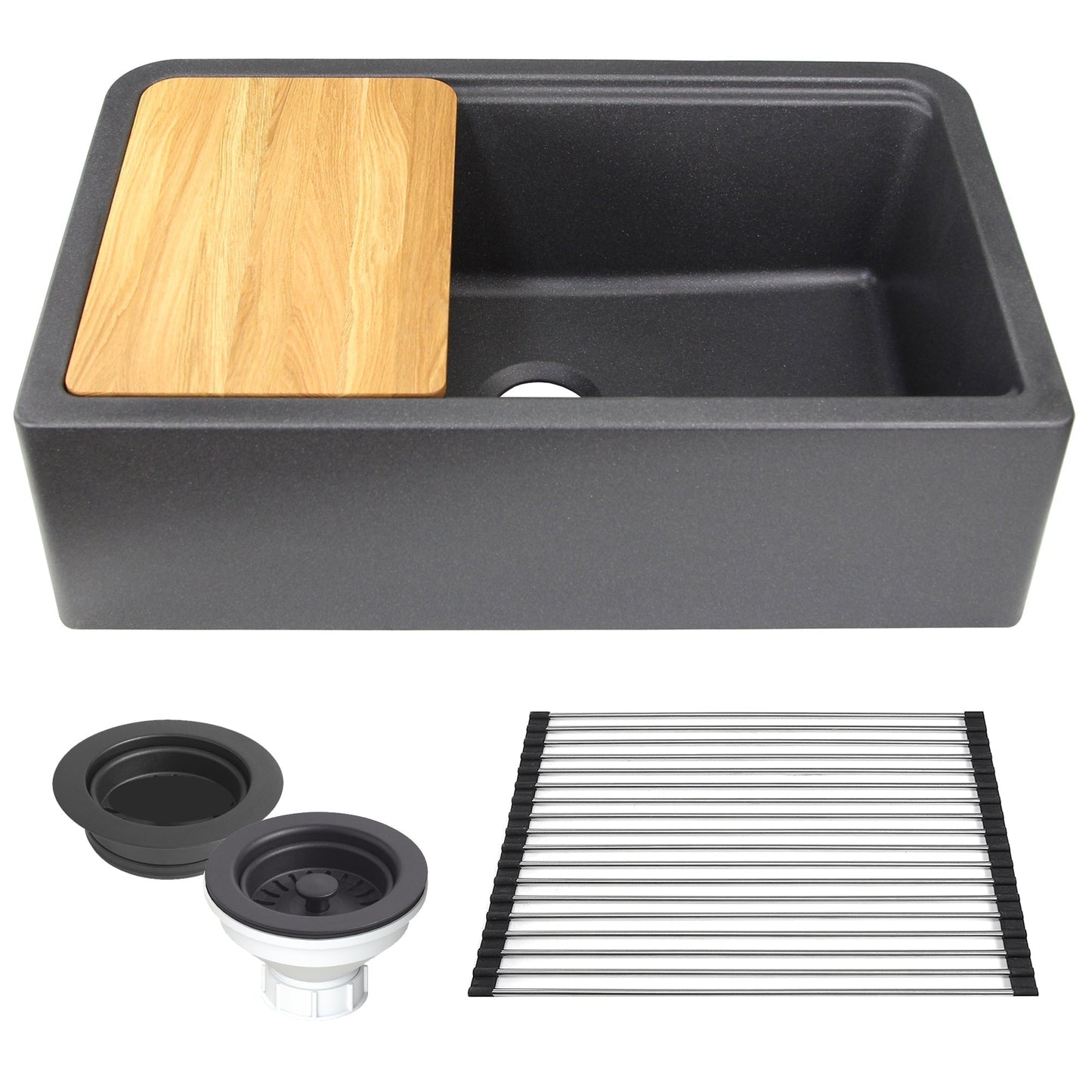Nantucket Sinks Plymouth Collection 33" Rectangle Undermount Matte Black With Metallic Flecks Granite Composite Single Bowl Apron Reversible Workstation Kitchen Sink With Accessory Pack