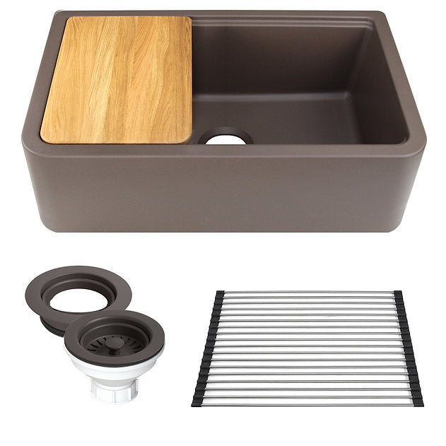 Nantucket Sinks Plymouth Collection 33" Rectangle Undermount Matte Brown With Metallic Flecks Granite Composite Single Bowl Apron Reversible Workstation Kitchen Sink With Accessory Pack