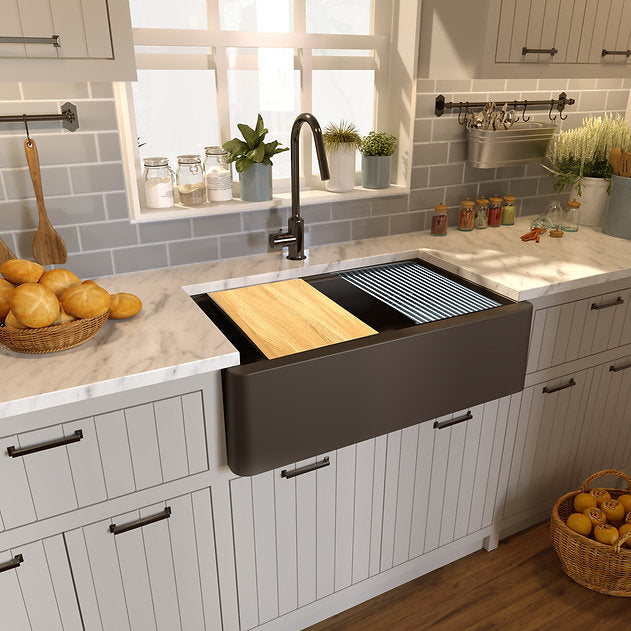 Nantucket Sinks Plymouth Collection 33" Rectangle Undermount Matte Brown With Metallic Flecks Granite Composite Single Bowl Apron Reversible Workstation Kitchen Sink With Accessory Pack