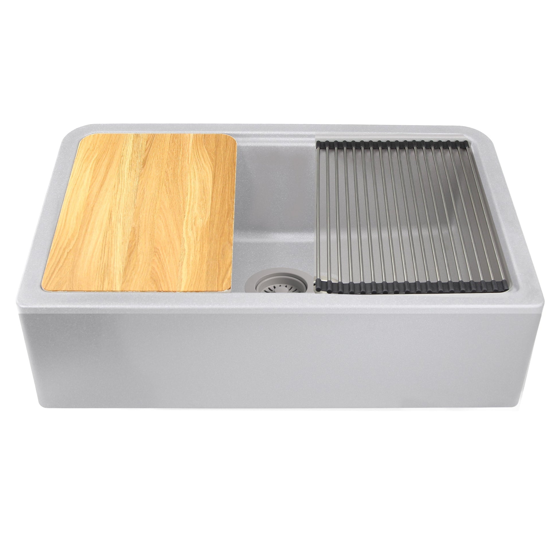 Nantucket Sinks Plymouth Collection 33" Rectangle Undermount Matte Light Grey With Metallic Flecks Granite Composite Single Bowl Apron Reversible Workstation Kitchen Sink With Accessory Pack