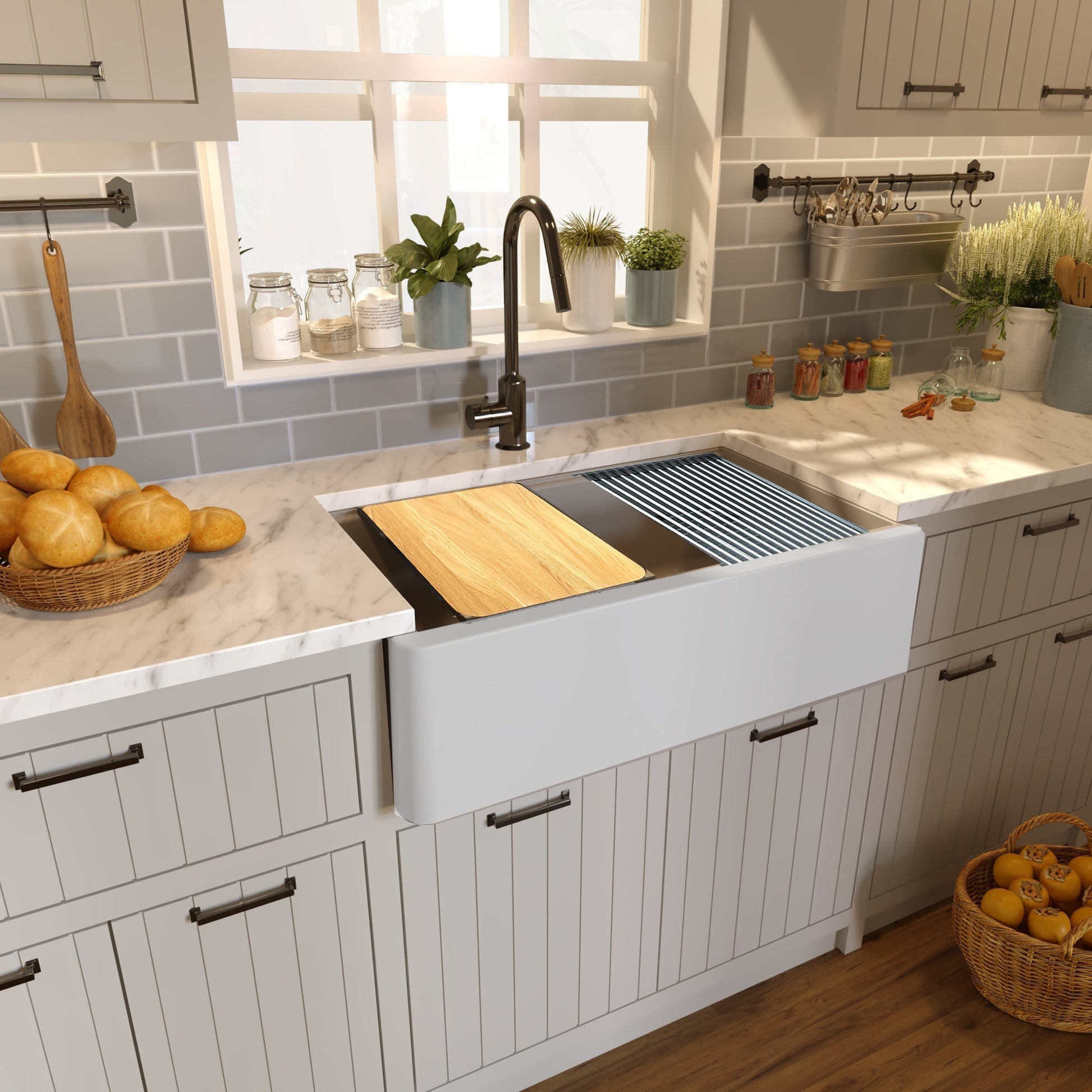 Nantucket Sinks Plymouth Collection 33" Rectangle Undermount Matte Light Grey With Metallic Flecks Granite Composite Single Bowl Apron Reversible Workstation Kitchen Sink With Accessory Pack